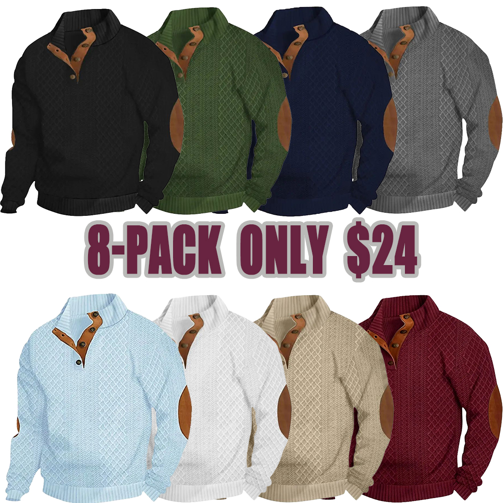 Men's Stand Collar Jacquard Knit Pullover Sweater, Micro Stretch 100% Polyester Long Sleeve Elbow Patch Casual Outdoor Sweatshirt for Spring Autumn