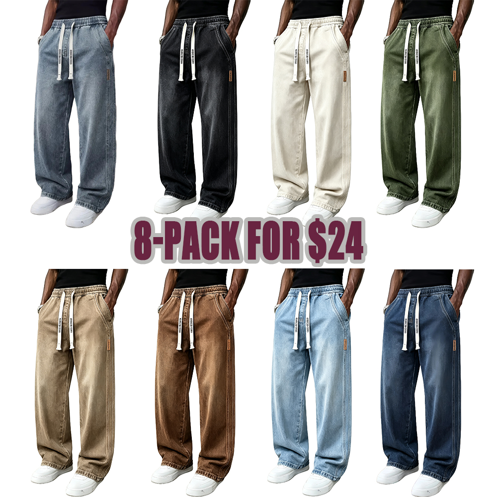 Men's Drawstring Elastic Waist Straight‑Leg Jeans, Plain Versatile Non‑Stretch Denim Pants & Vintage Washed Stretch Denim Jeans