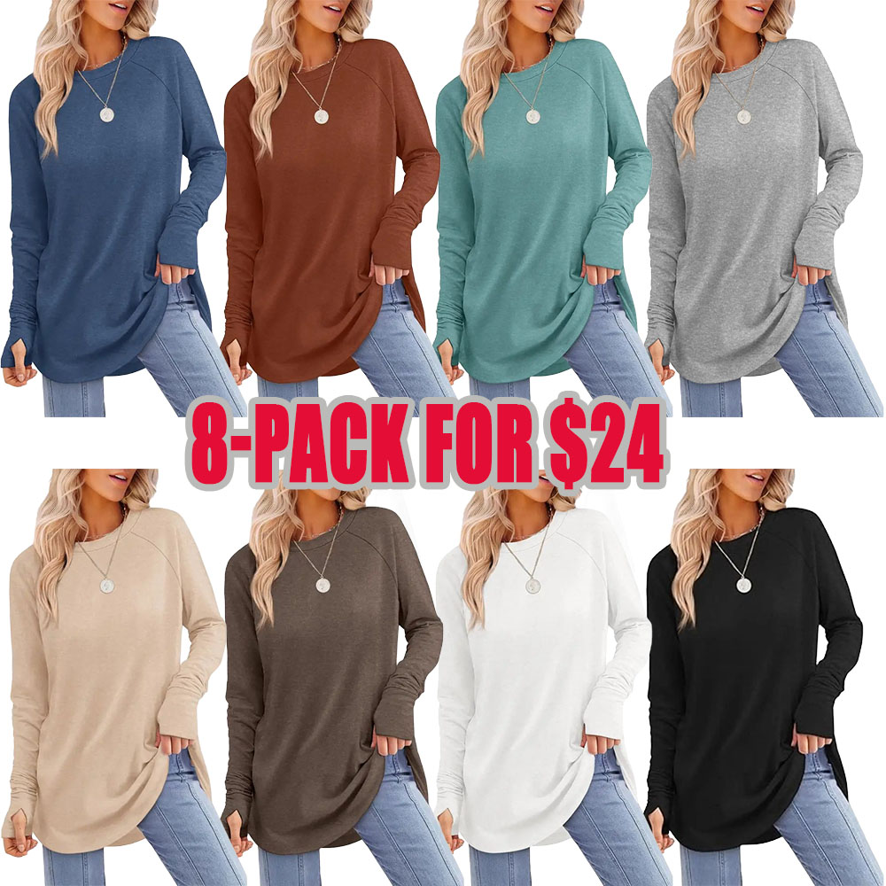 Women's Casual Tunic Tops to Wear with Leggings, Long Sleeve Round Neck Spandex Shirt with Thumb Holes and Curved Hem