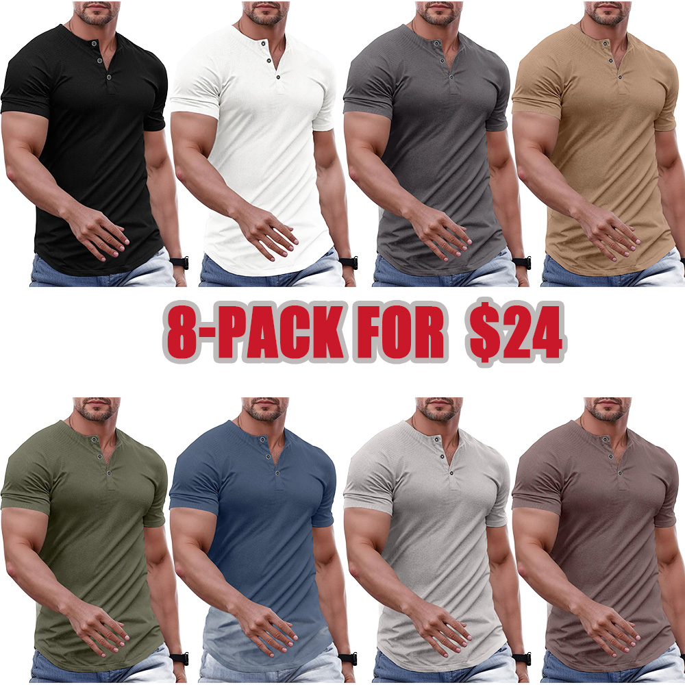 Men's Plain Muscle Slim Fitted Henley Shirts Crewneck Longline T-Shirt Gym Workout Athletic Shirt Tees with Button Menswear Casual Tops