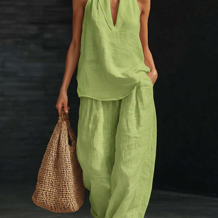 Boho Linen Two Piece Set - Perfect for Beach, Vacation & Brunch! Halter Neck Sleeveless Top Wide Leg Pants Set # TwoPieceSet # LinenSet # WideLegPants # HalterNeck # SummerOutfit # BohoFashion # CasualWear # Outfit of the Day # WomensFashion