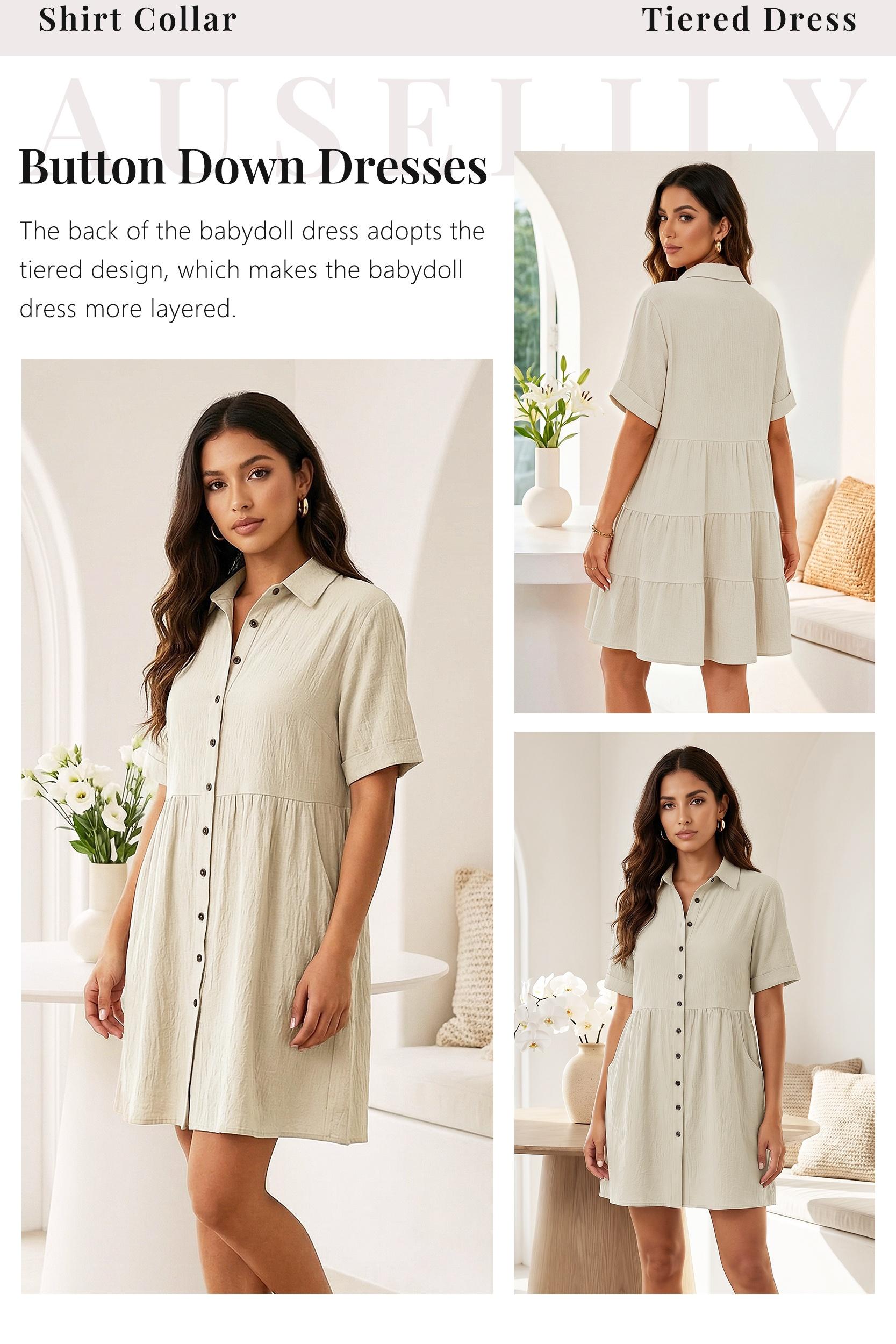 AUSELILY Babydoll Dress for Women Short Sleeve Button Down Textured Non-clingy Loose Fit Flowy Mini Dress with Pockets 2026 New Summer Dress