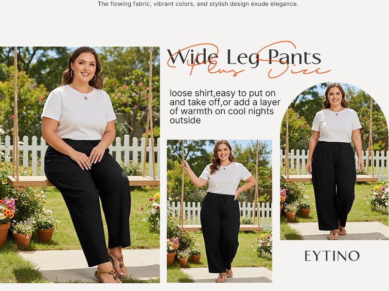 Eytino Womens Plus Size Wide Leg Pants Elastic Waist Drawstring Casual Palazzo Pants Cotton Lounge Trouser with Pockets(1X-5X)
