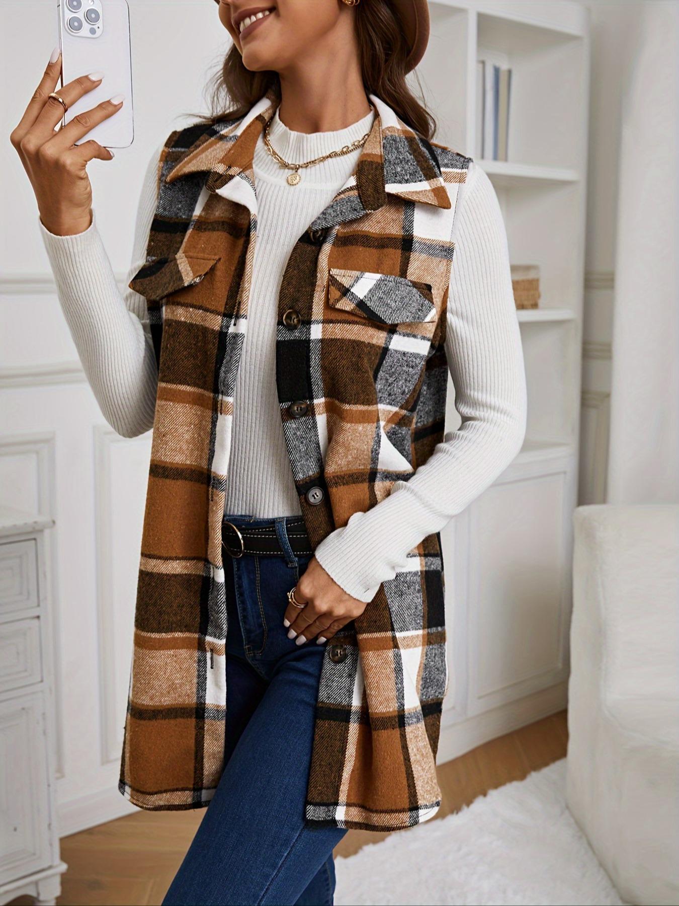 Women's Plaid-Print Button-Front Fitted Vest Coat Tops, Casual Comfy Vest, Casual Lady Pocket Design Collared Waistcoat for Spring & Fall, Fashion Women's Clothing for Daily Wear Womenswear
