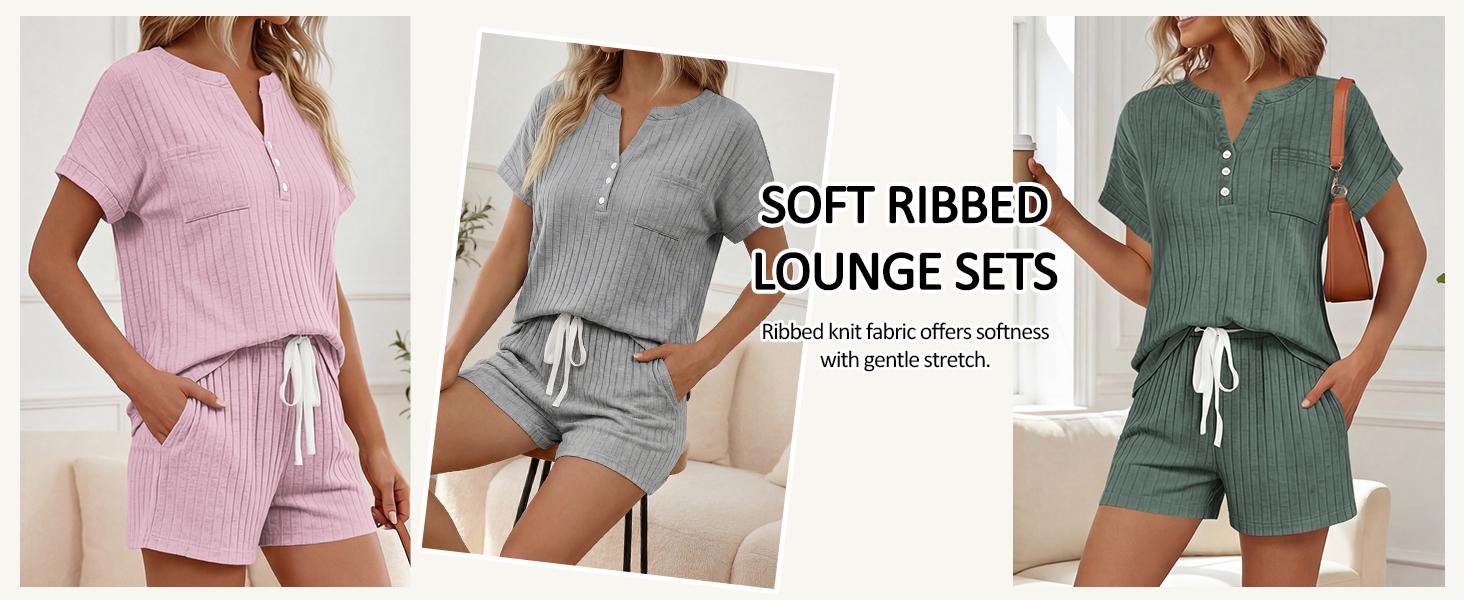 Yousify 2 Piece Short Sets for Women Summer 2026 Lounge Short Sleeve Henley Outfits Sweatsuit with Pocket