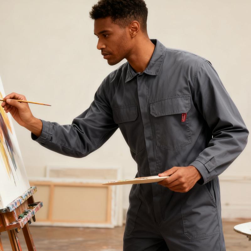 WORK IDEA Men's 100% Cotton Workwear. It features long sleeves, durable twill fabric, multiple pockets for storage, and is suitable for both casual and work scenarios.