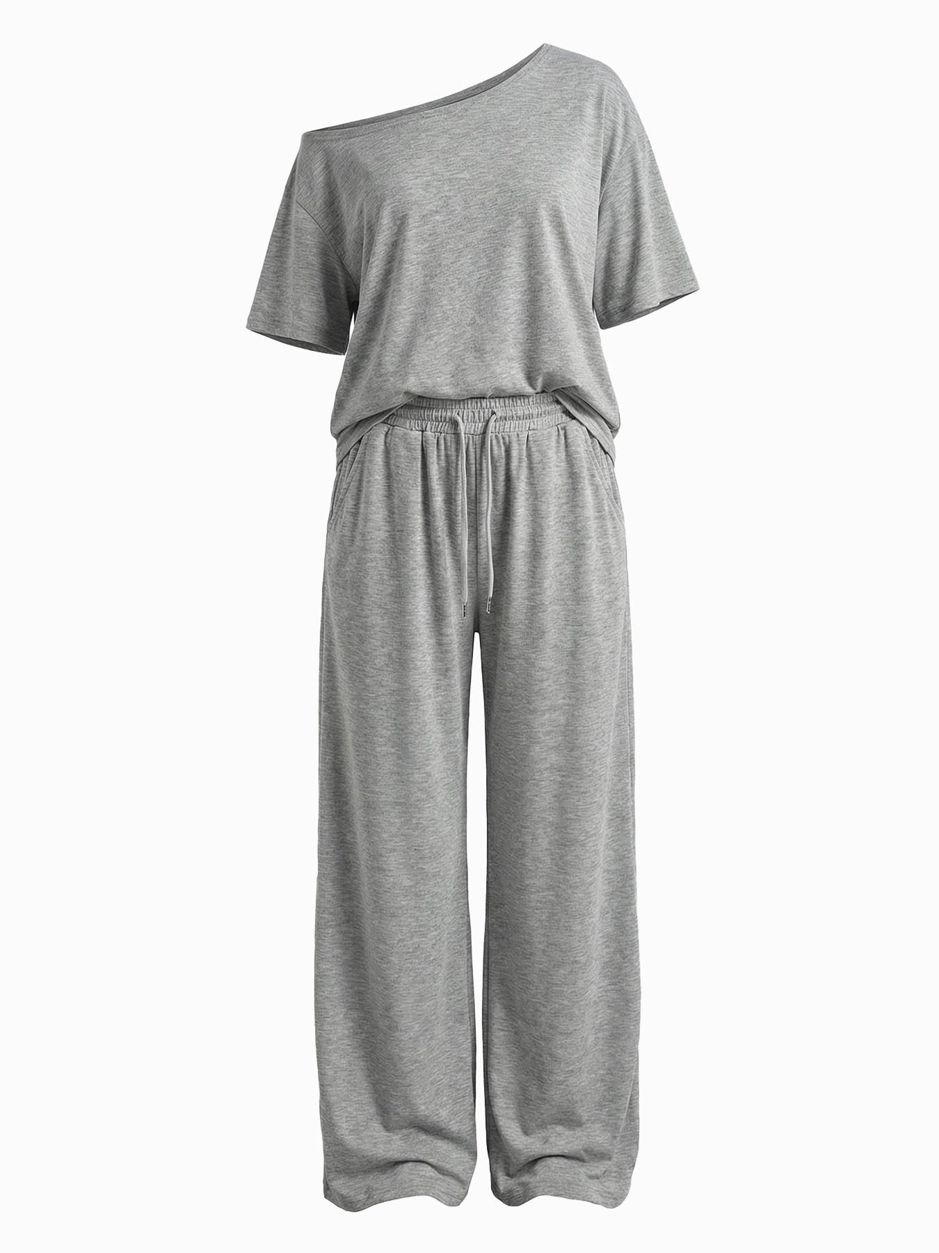 2pcs/Set Women's Minimalist Basic Daily Wear Going Out Sport Comfortable Off Shoulder T-Shirt And Wide Leg Pants Two Pieces Outfits 2pcs/Set Women's Minimalist Basic Daily Wear Going Out Sport Comfortable Off Shoulder T-Shirt And Wide Leg Pants Two Pieces Outfits