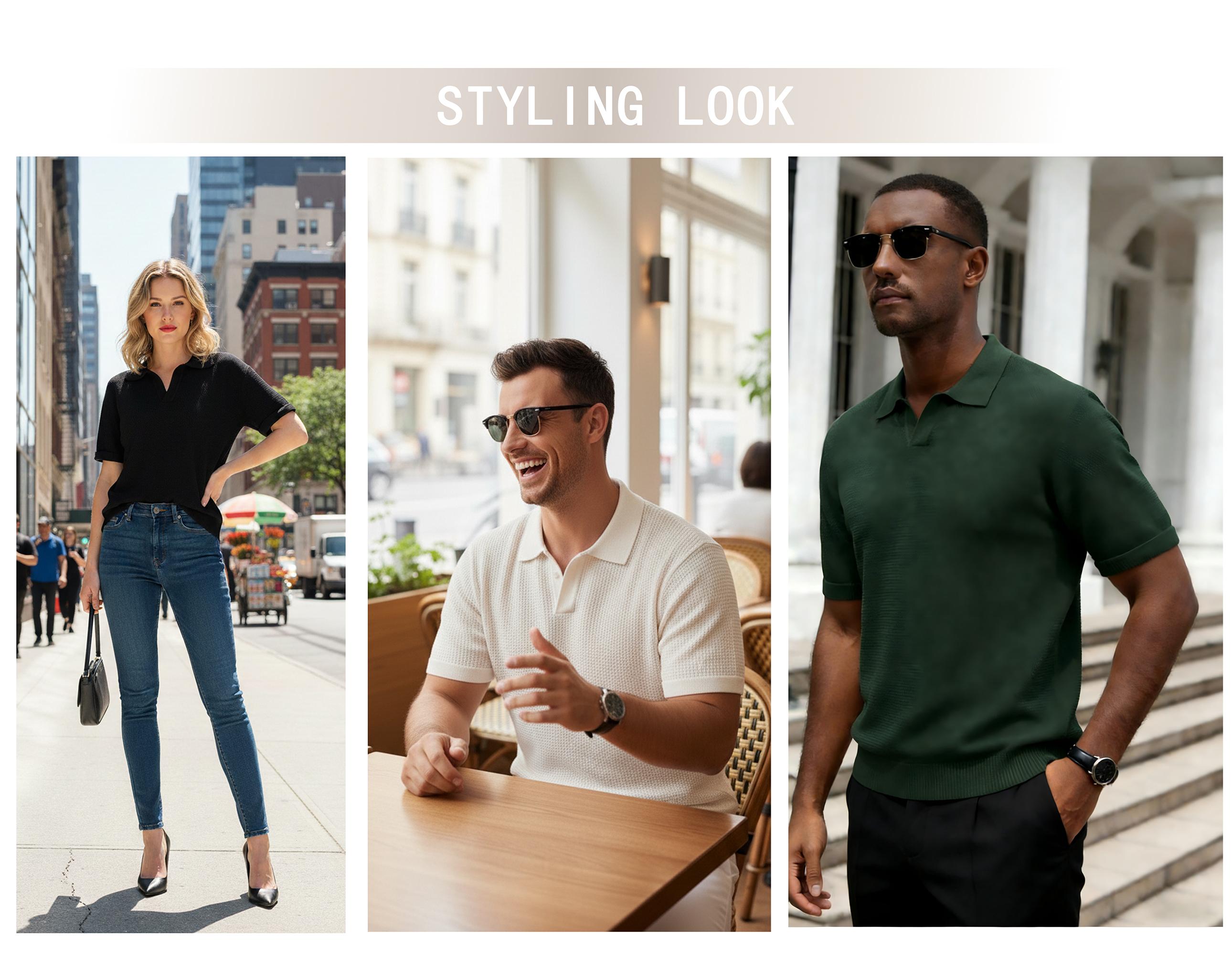 #SummerVibes 2026 Men's V Neck Short Sleeve Stretch Knit Polo Shirt Men's Ribbed Polo Shirt - Short Sleeve V-Neck Polo Shirt - Casual Summer Polo Shirt for Golfing, Leisure, Daily Work, Formal Occasions