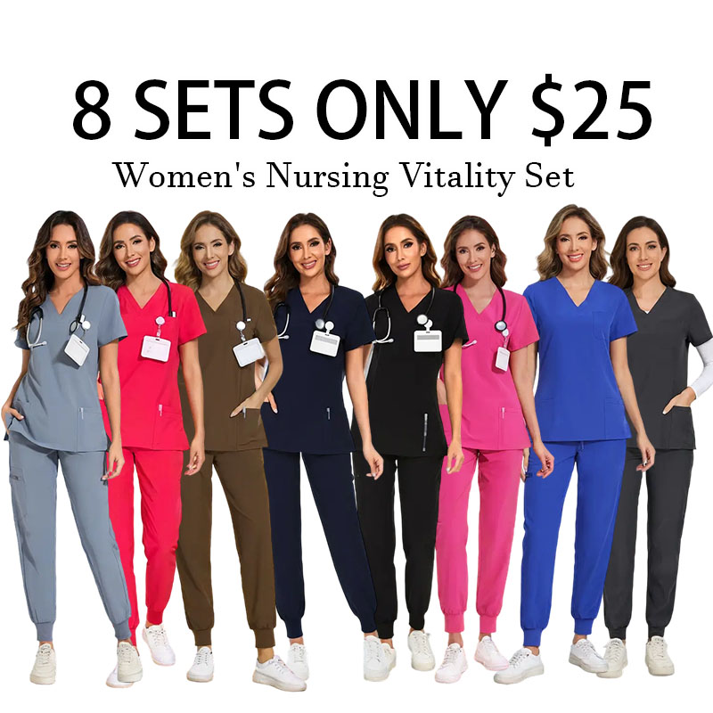 Women Stretch V-Neck Scrub Top & Jogger Pant Set   with 8 Pockets