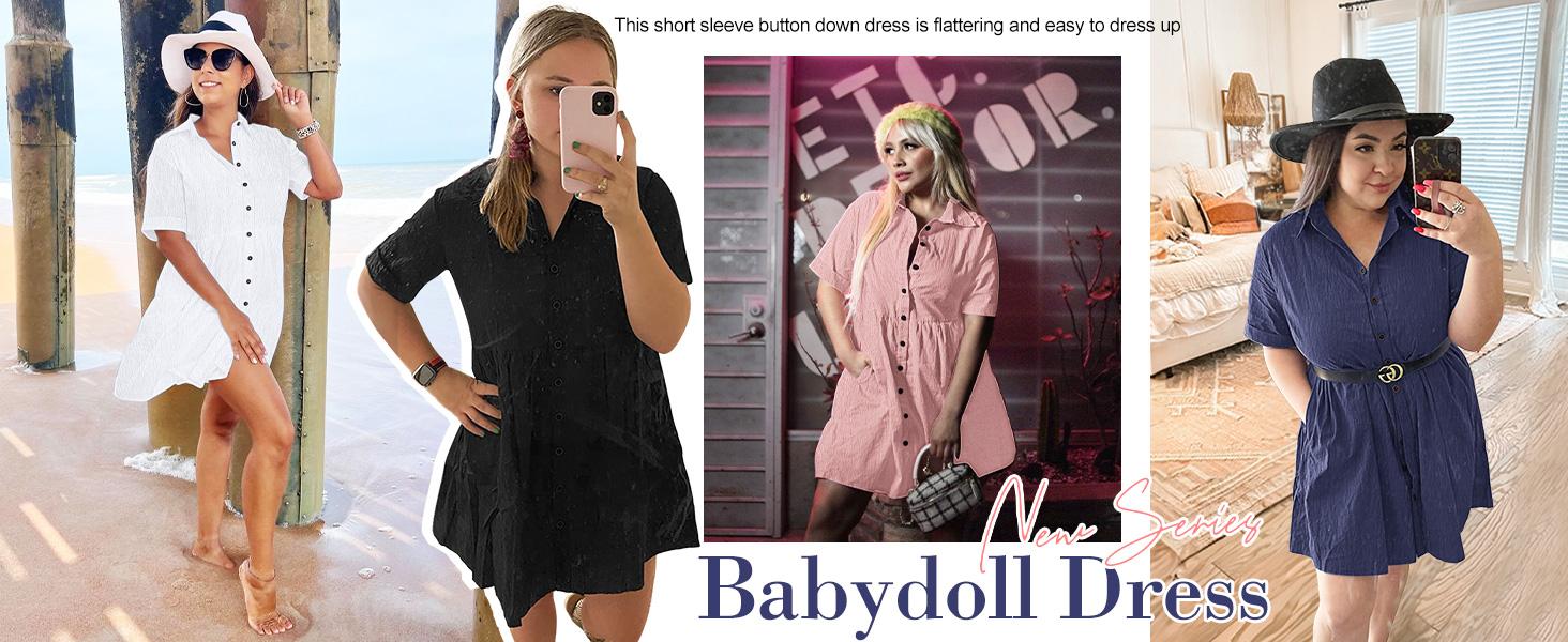 AUSELILY Babydoll Dress for Women Short Sleeve Button Down Textured Non-clingy Loose Fit Flowy Mini Dress with Pockets 2026 New Summer Dress
