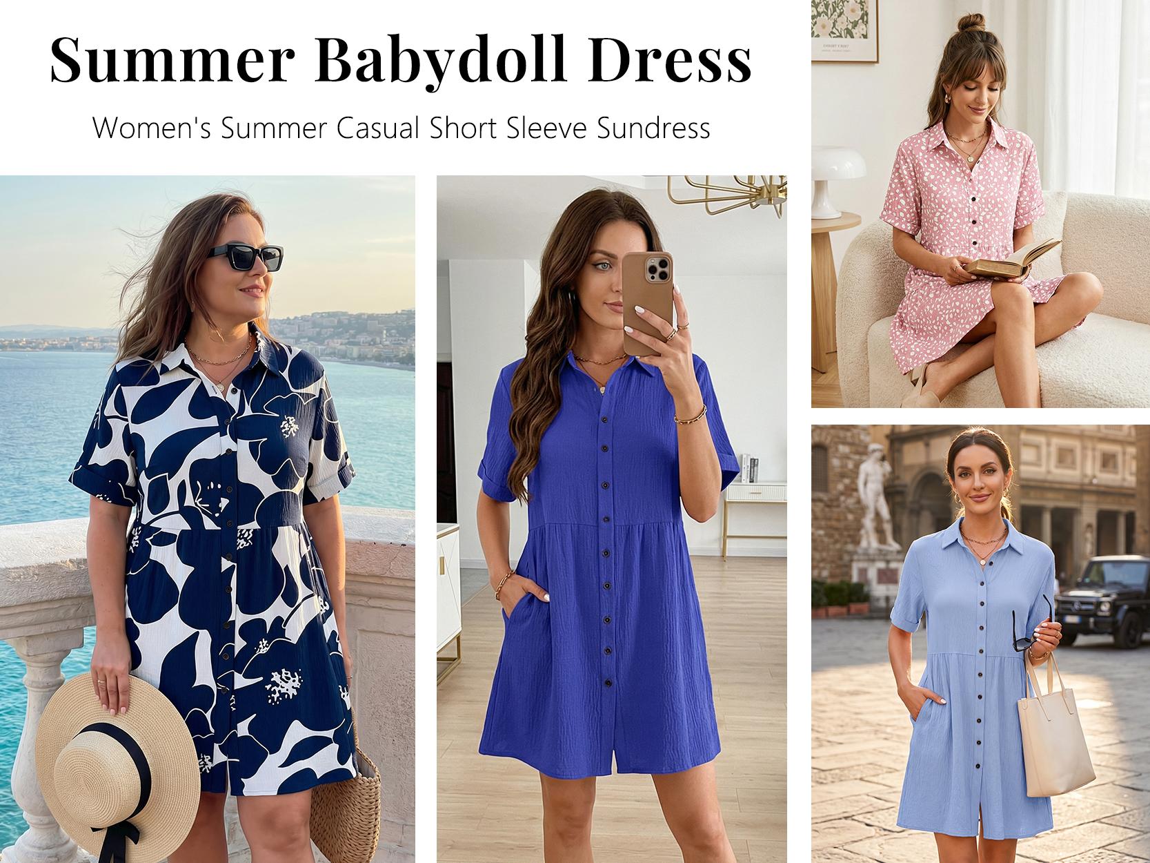 AUSELILY Babydoll Dress for Women Short Sleeve Button Down Textured Non-clingy Loose Fit Flowy Mini Dress with Pockets 2026 New Summer Dress
