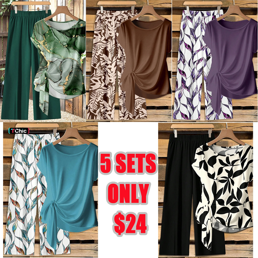 Women's Casual Printed Necktie Shirt and Loose Straight Pants Set