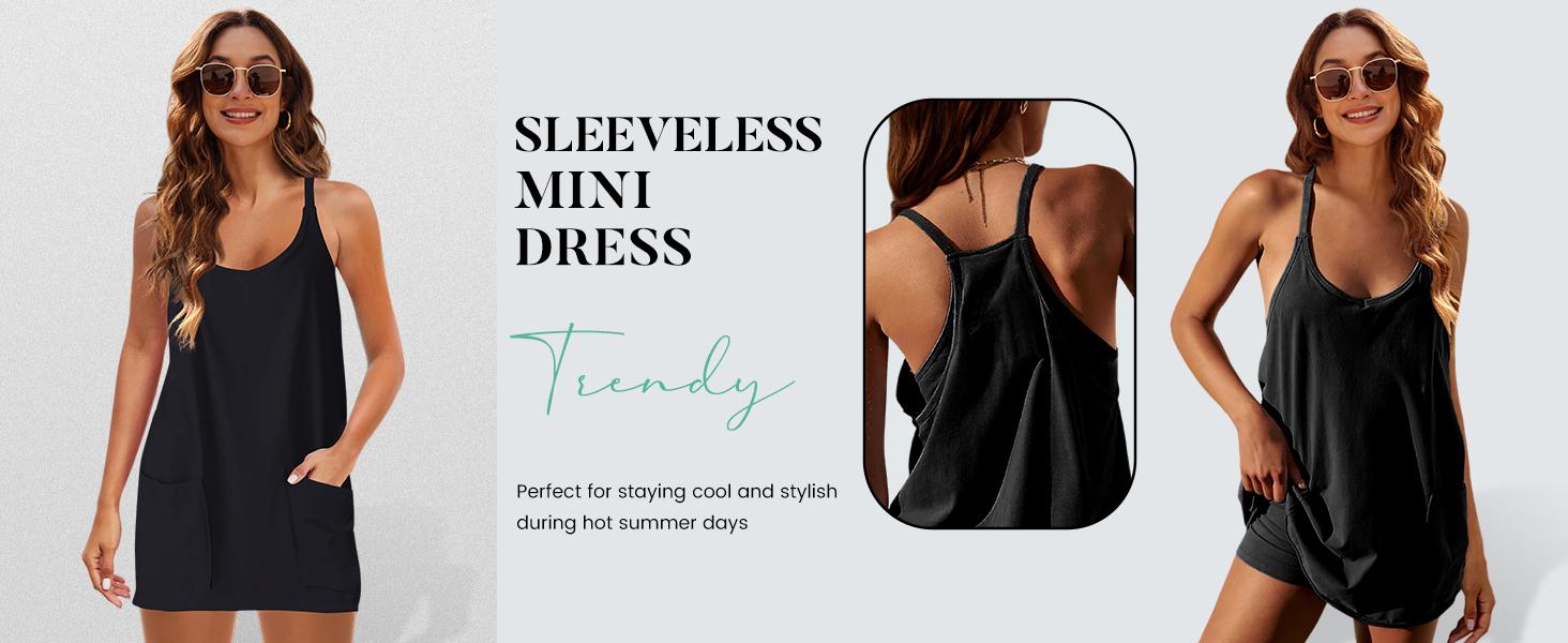 UANEO Women's Summer Sleeveless Mini Dress V Neck Spaghetti Straps Athletic Built-in Shorts Sundress SummerVibes