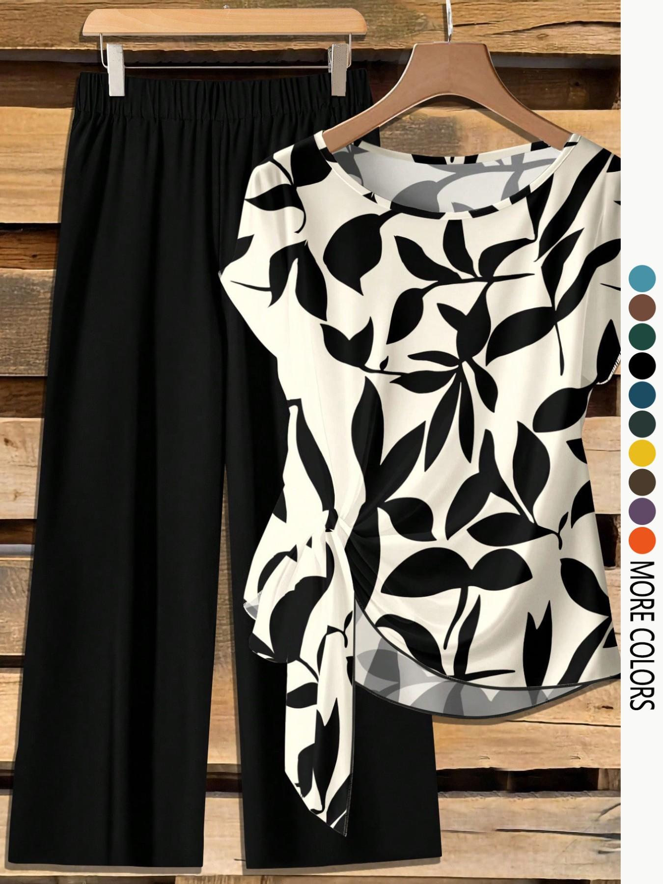 Women's Casual Printed Necktie Shirt and Loose Straight Pants Set, Perfect for Spring and Summer, Comfortable Two-Piece