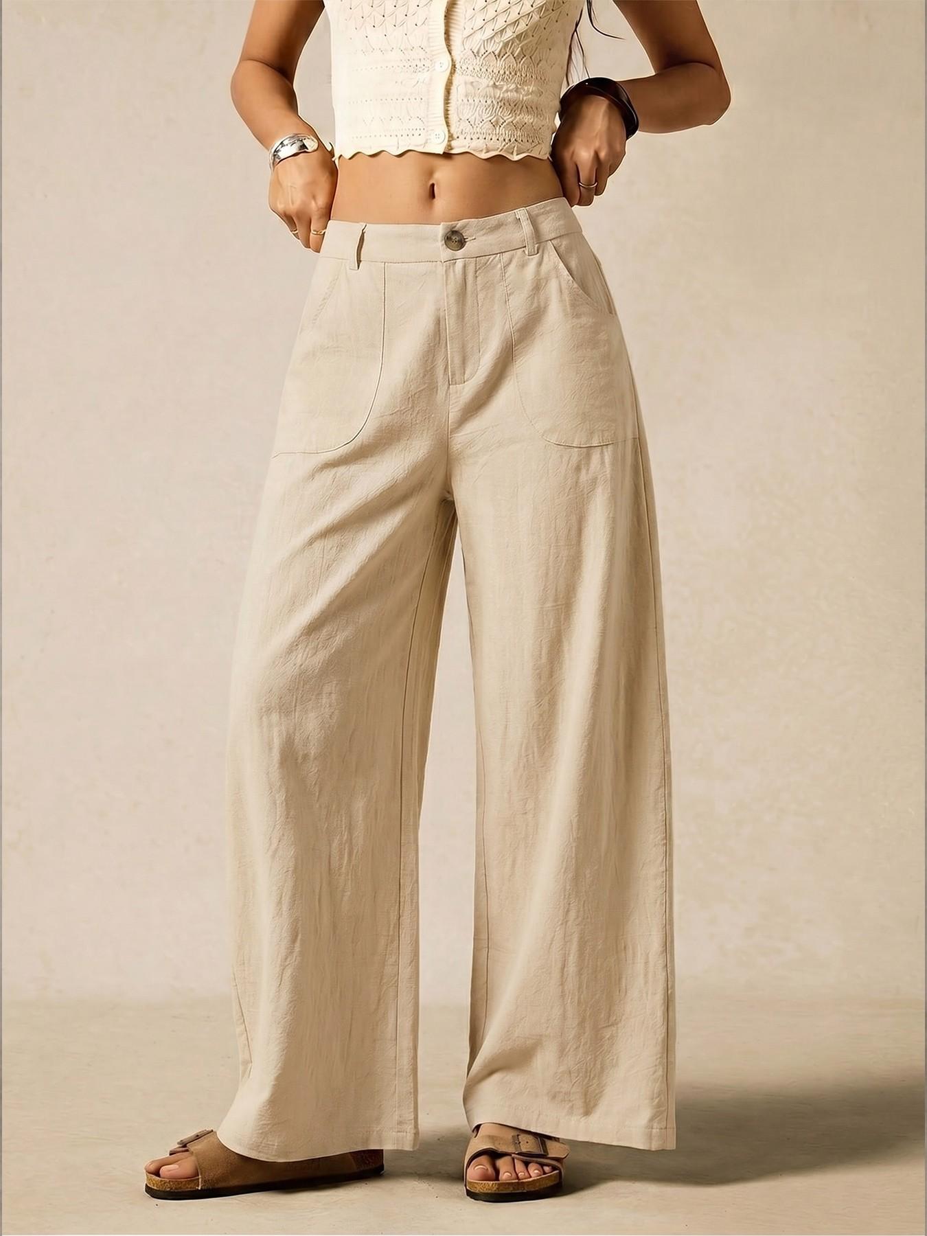 Women's Summer Linen Breathable Lightweight Palazzo Pants Flowy Wide Straight Leg Beach Trousers, Button Pocket Trousers, With Pocket Casual Solid Color Soft Elastic High Waist Travel Vacation Date Brunch Home Work Street wear Women's Summer Linen Breathable Lightweight Palazzo Pants Flowy Wide Straight Leg Beach Trousers, Button Pocket Trousers, With Pocket Casual Solid Color Soft Elastic High Waist Travel Vacation Date Brunch Home Work Street wear