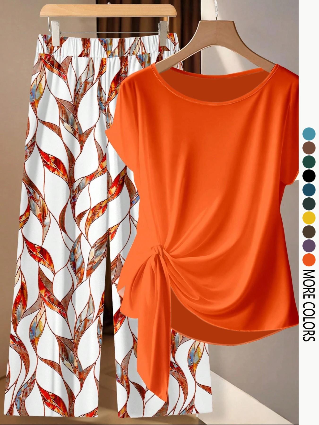 Women's Casual Printed Necktie Shirt and Loose Straight Pants Set, Perfect for Spring and Summer, Comfortable Two-Piece