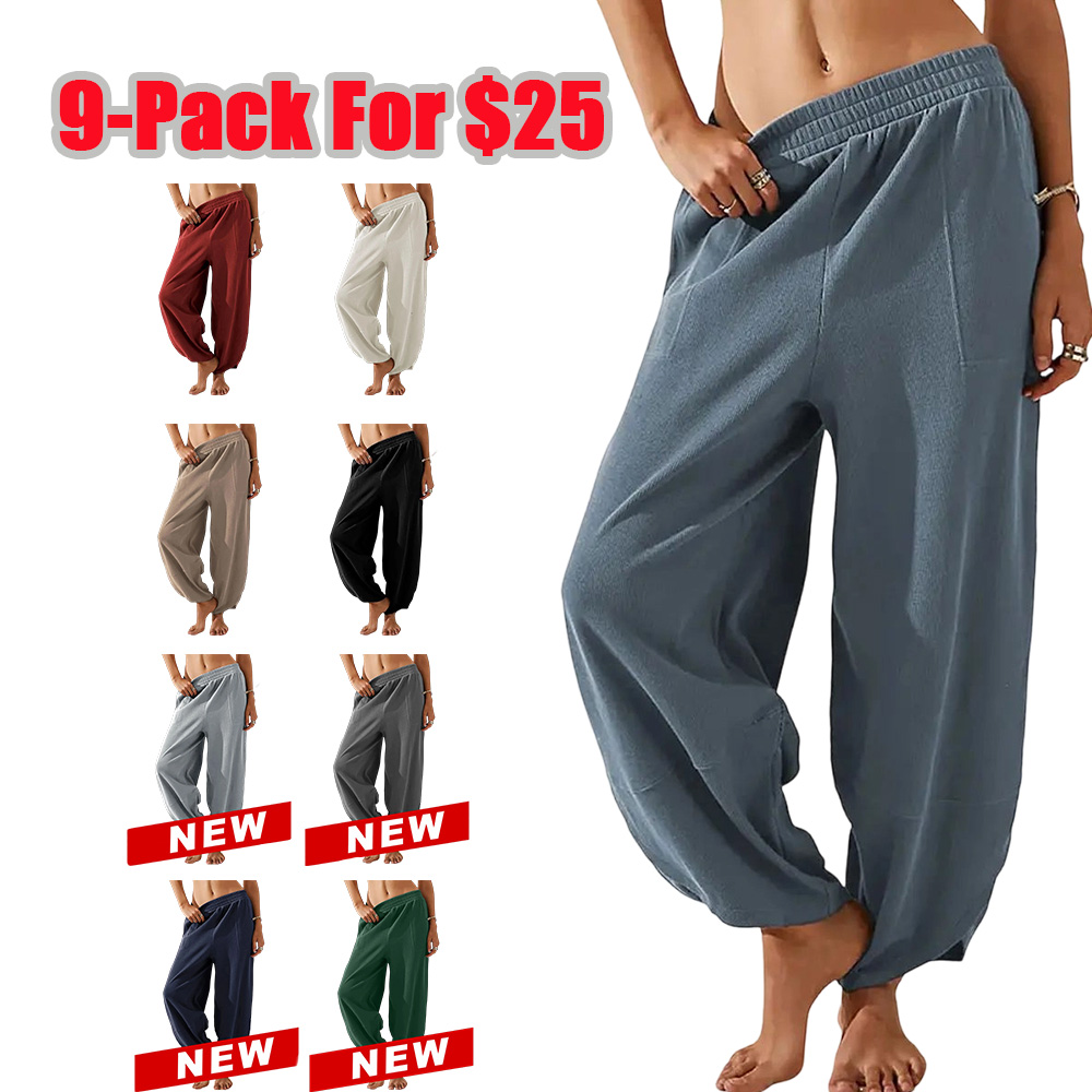 Women's Baggy Wide-Leg Pants - Casual, Elastic-Waisted, Bohemian Minimalist Basic Women's Clothes Bottom with Pockets,summerwins