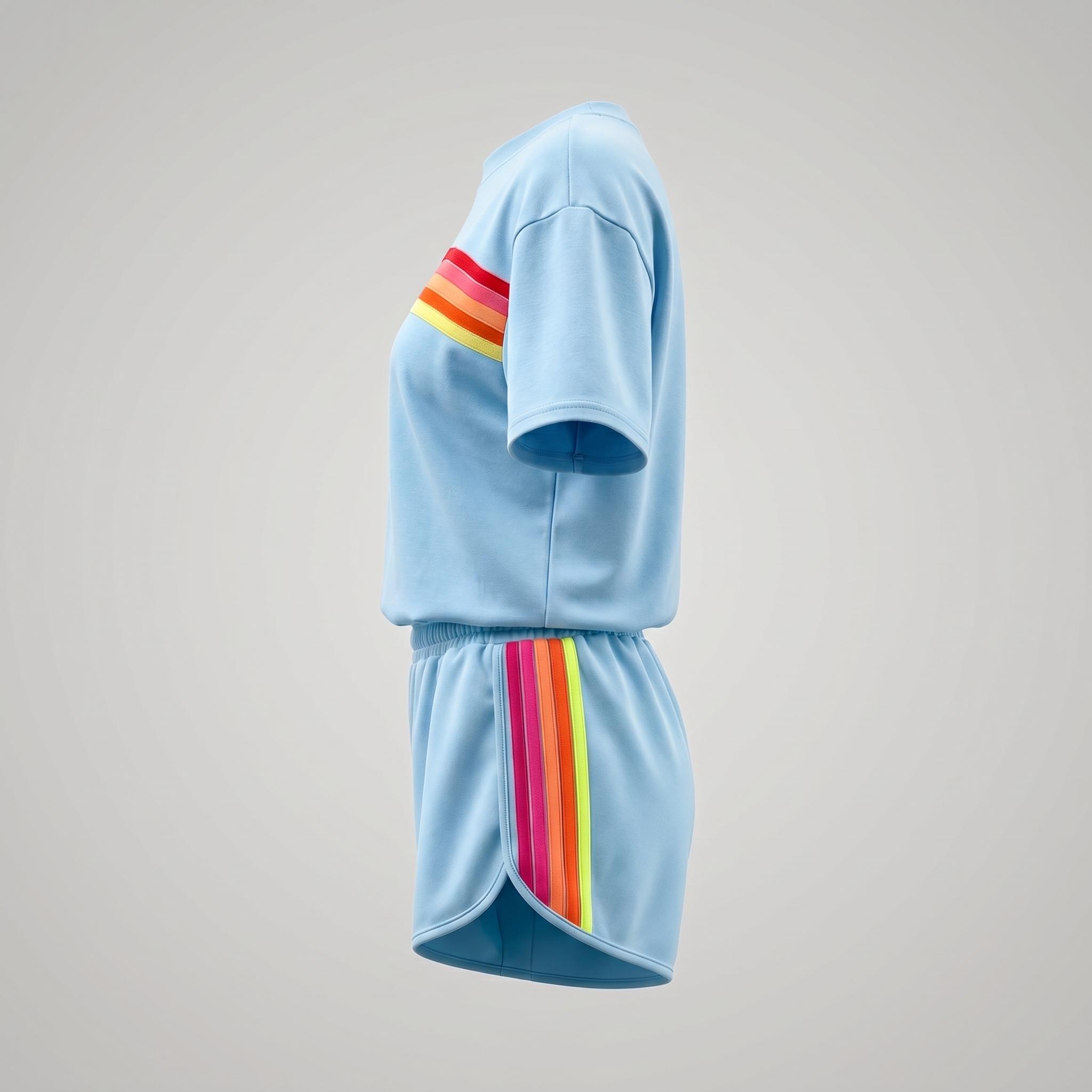 Women's Short 2-Piece Rainbow Strip Outdoor Sportswear Set - Loose Fit Crop Top & Bottoms, Solid Round Neck, Short Sleeves, Lightweight Breathable Blend Clothing, Baby Blue, Baseball Use, Light Spandex Women's Clothes tiktokshopspringglowup, 2 Piece Sets,