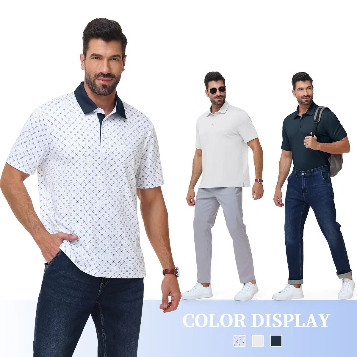 Men's Classic Polo Shirts Contrast Collar Short Sleeve Casual Solid Stylish and Printed Polo Stretch Quick Dry Performance Golf Outdoor Work Polo Shirts for Men' Top