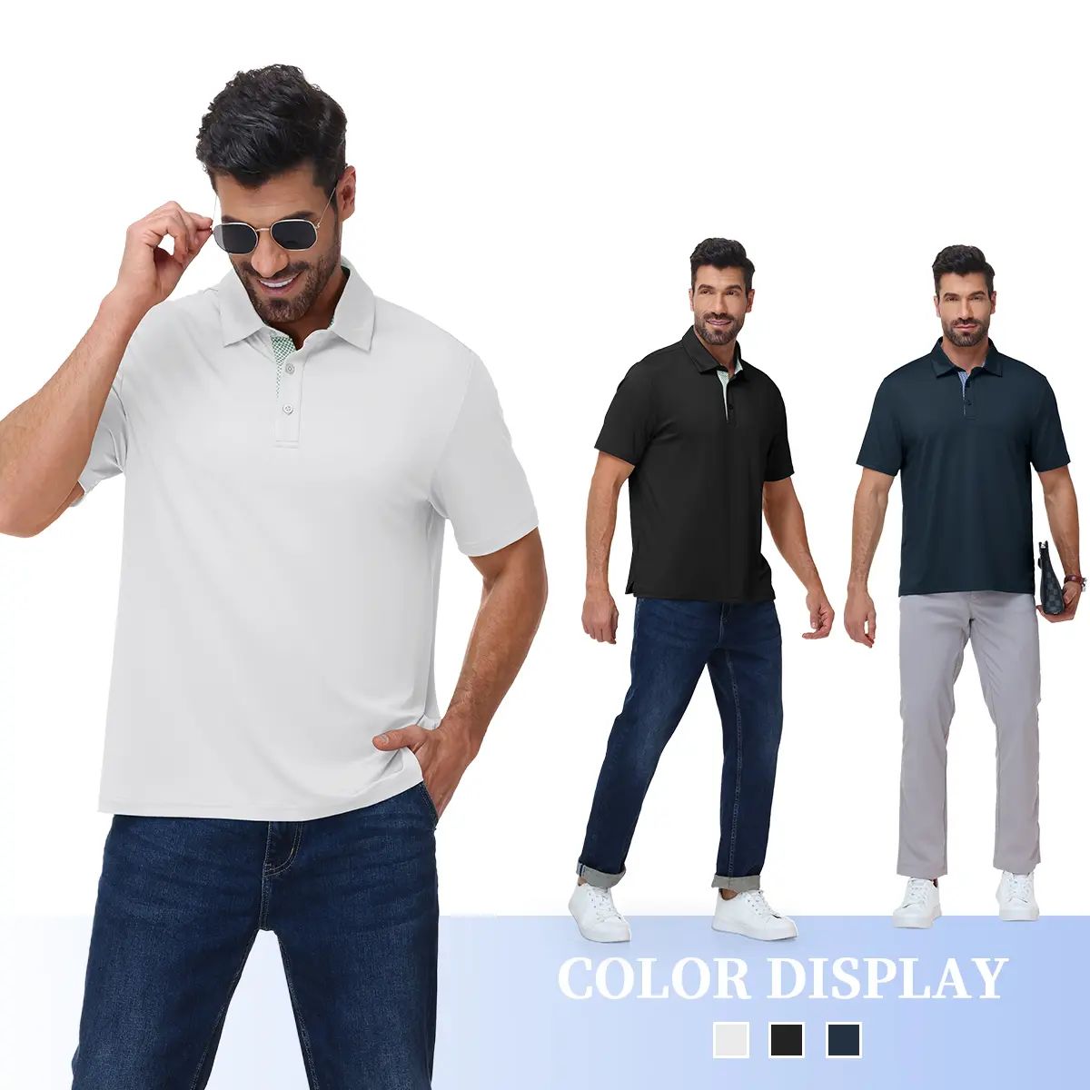 Men's Classic Polo Shirts Contrast Collar Short Sleeve Casual Solid Stylish and Printed Polo Stretch Quick Dry Performance Golf Outdoor Work Polo Shirts for Men' Top