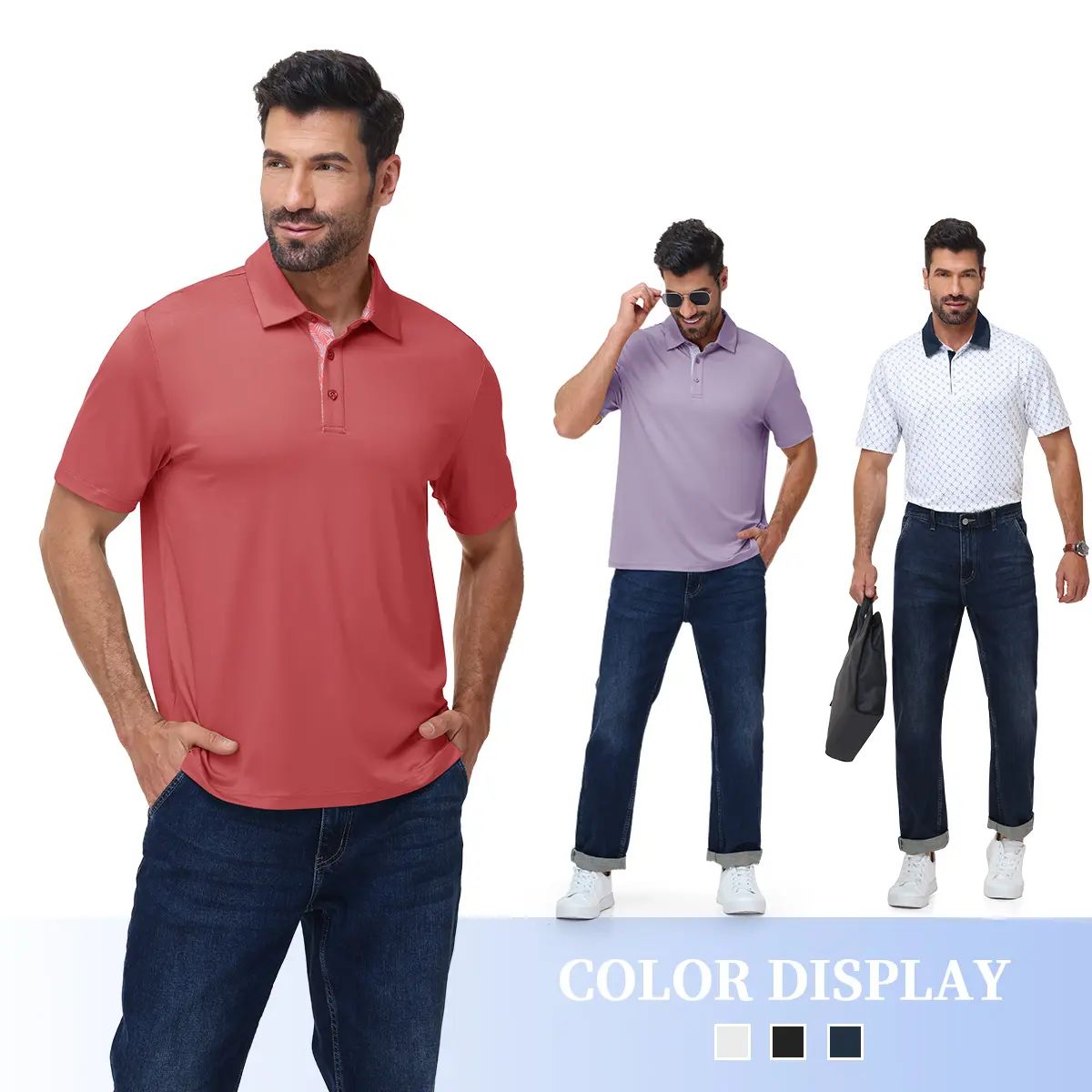 Men's Classic Polo Shirts Contrast Collar Short Sleeve Casual Solid Stylish and Printed Polo Stretch Quick Dry Performance Golf Outdoor Work Polo Shirts for Men' Top