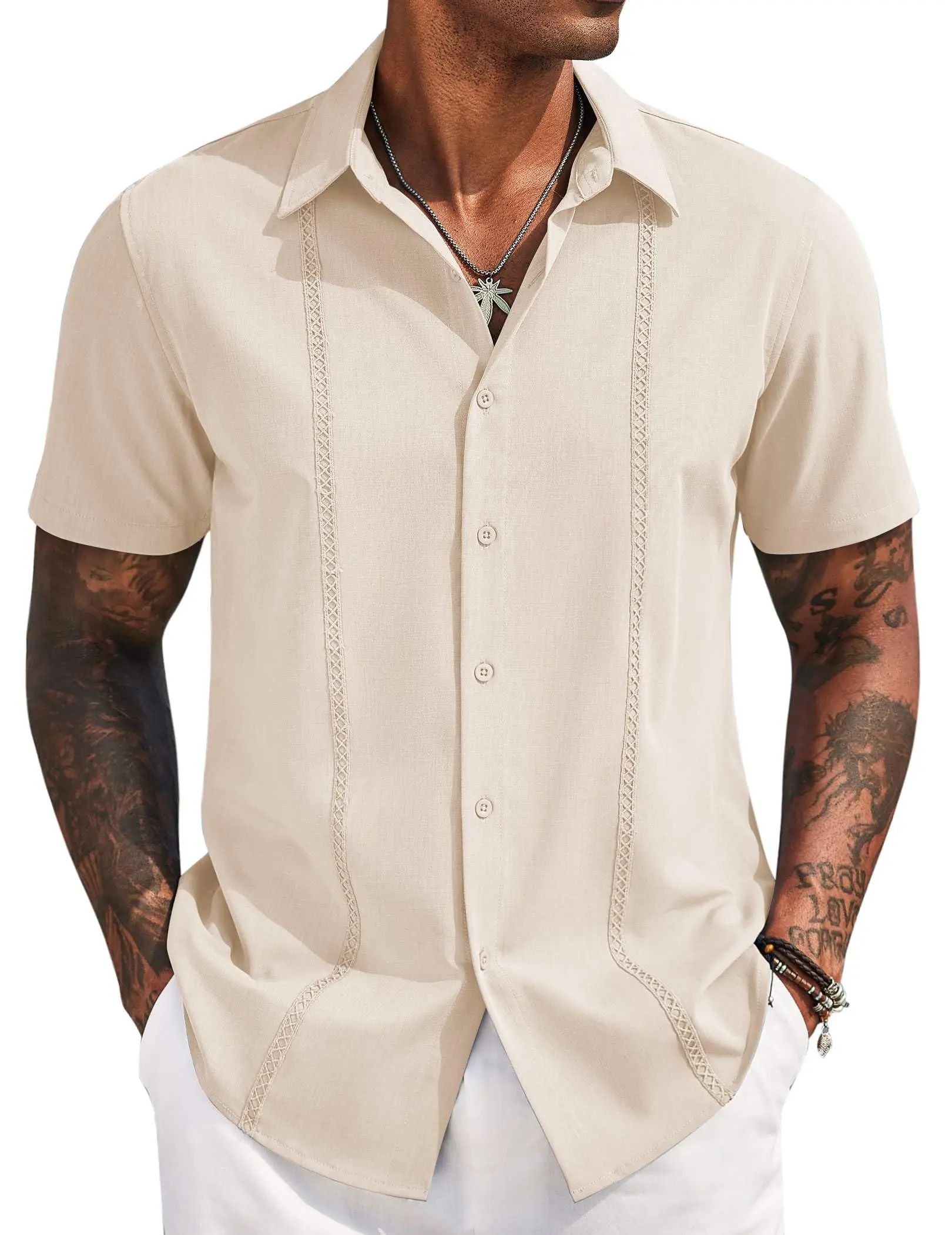 Mens Cuban Guayabera Short Sleeve Shirt Casual Summer Beach Tops Button Down Untucked Shirts