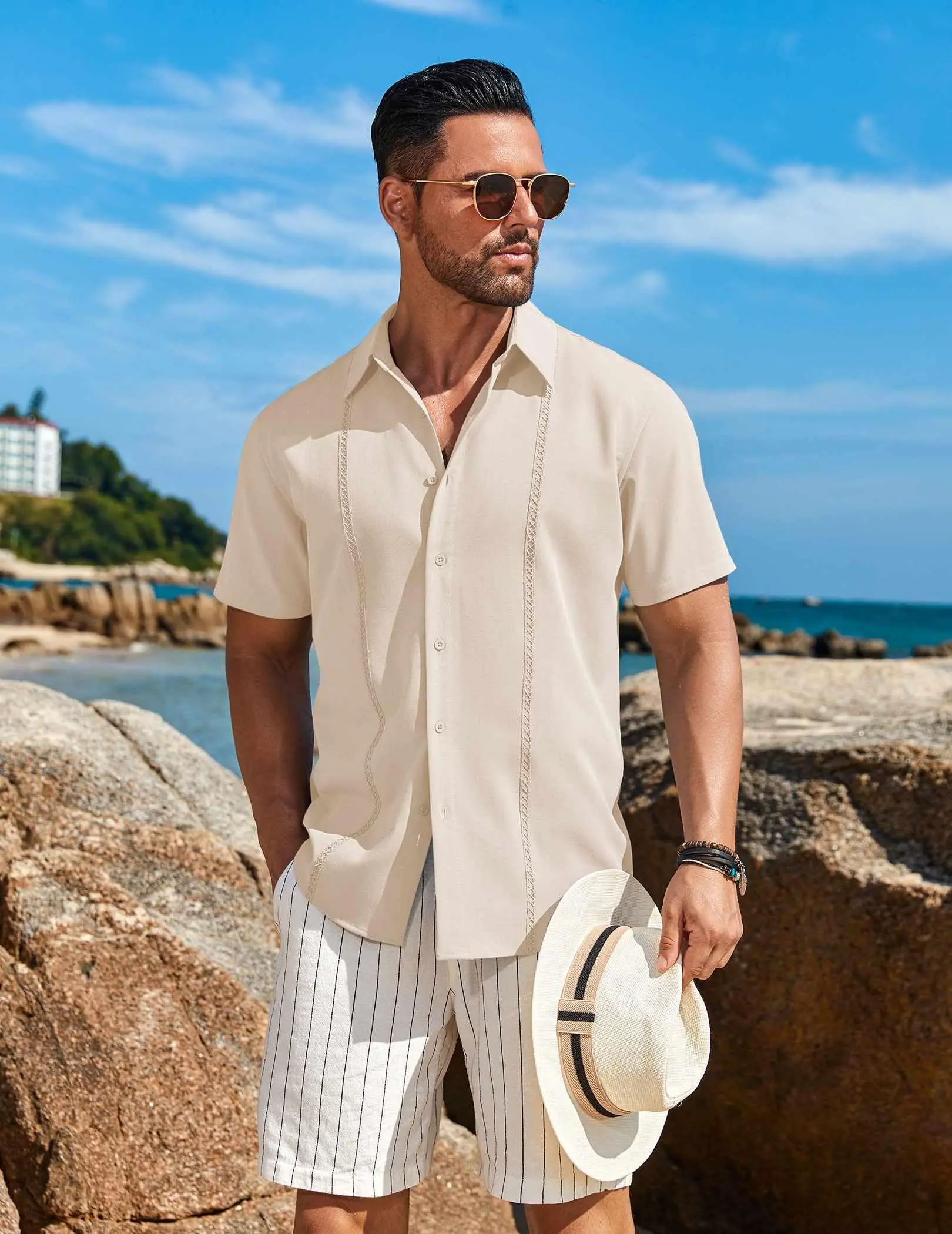 Mens Cuban Guayabera Short Sleeve Shirt Casual Summer Beach Tops Button Down Untucked Shirts