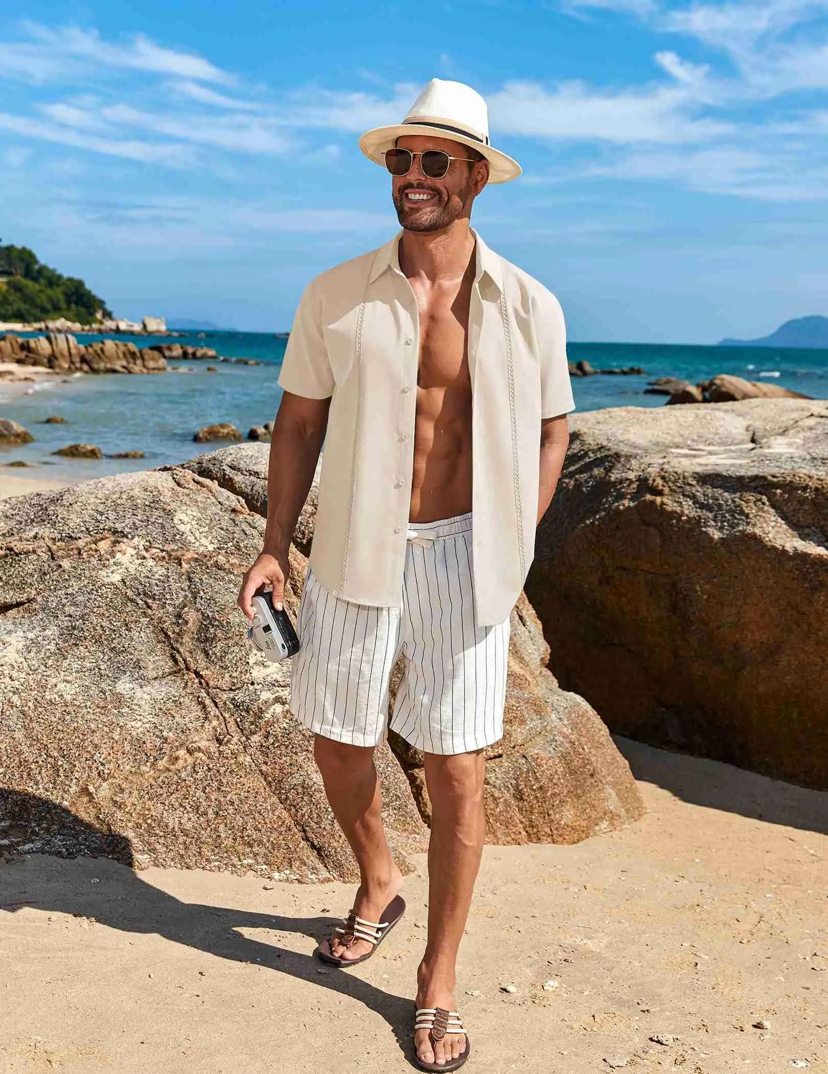 Mens Cuban Guayabera Short Sleeve Shirt Casual Summer Beach Tops Button Down Untucked Shirts