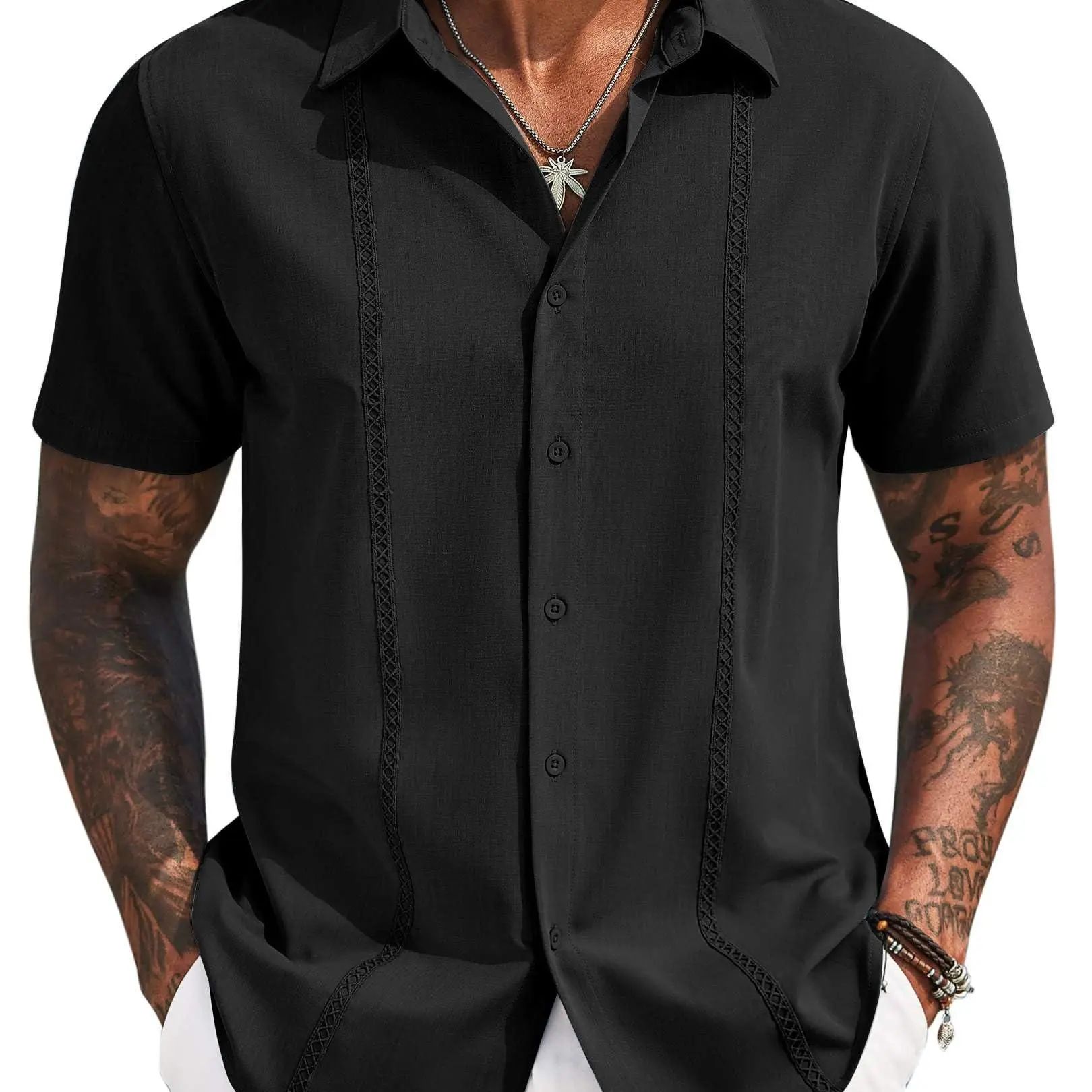 Mens Cuban Guayabera Short Sleeve Shirt Casual Summer Beach Tops Button Down Untucked Shirts