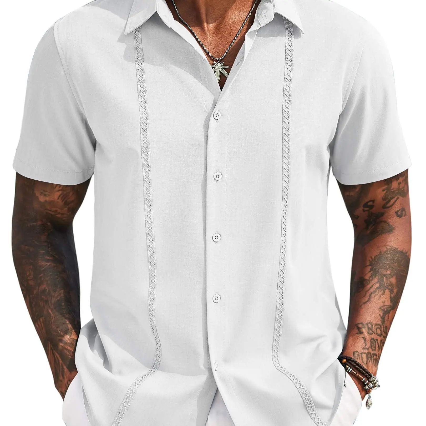 Mens Cuban Guayabera Short Sleeve Shirt Casual Summer Beach Tops Button Down Untucked Shirts