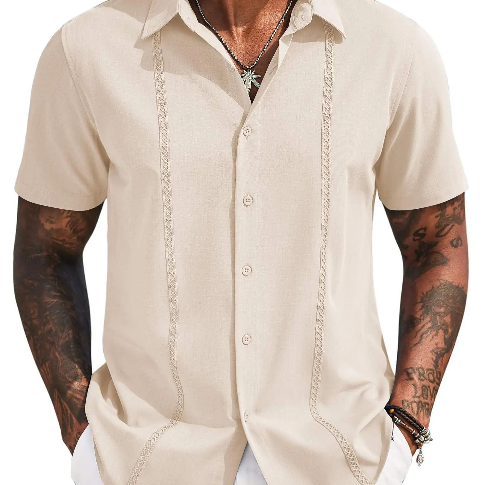 Mens Cuban Guayabera Short Sleeve Shirt Casual Summer Beach Tops Button Down Untucked Shirts
