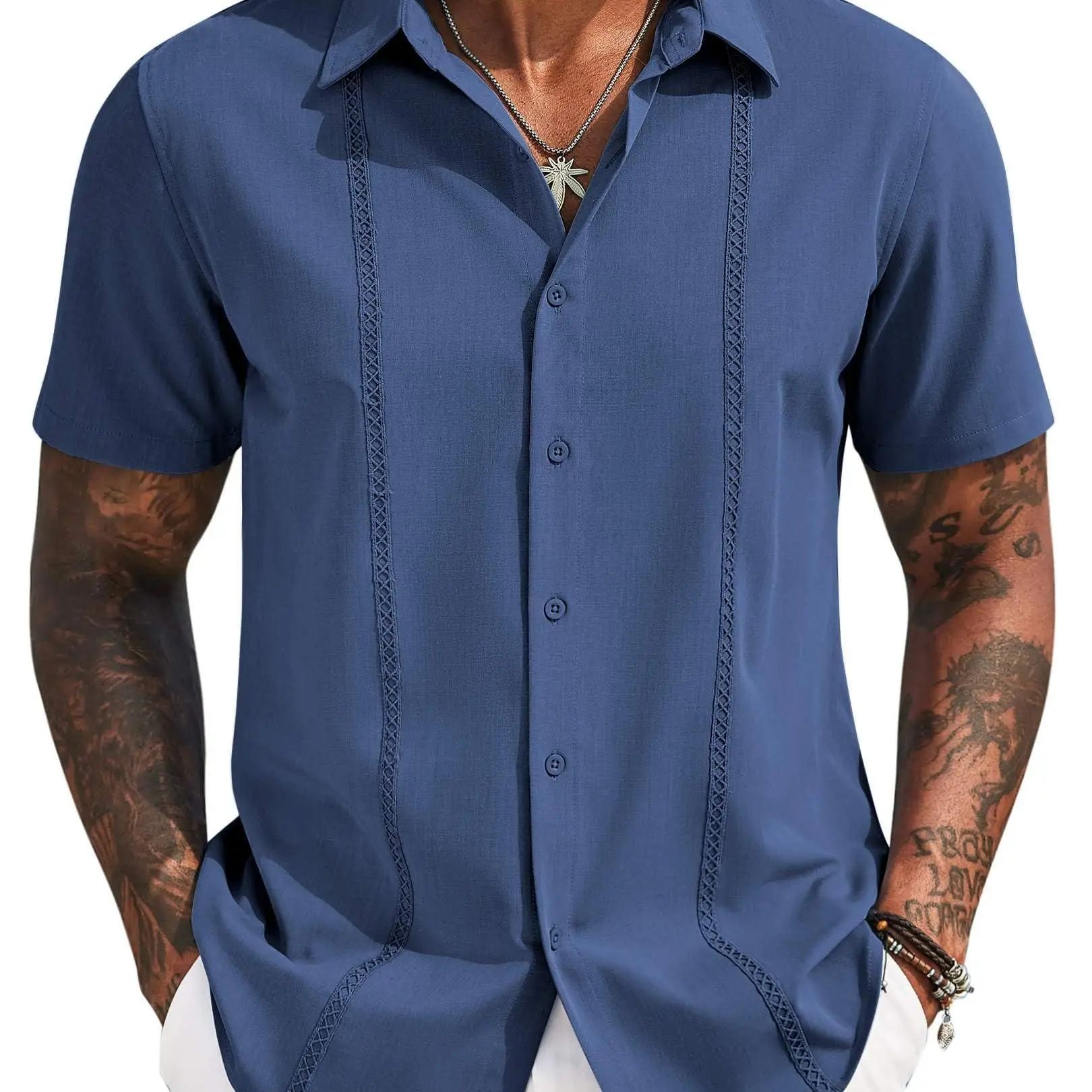 Mens Cuban Guayabera Short Sleeve Shirt Casual Summer Beach Tops Button Down Untucked Shirts