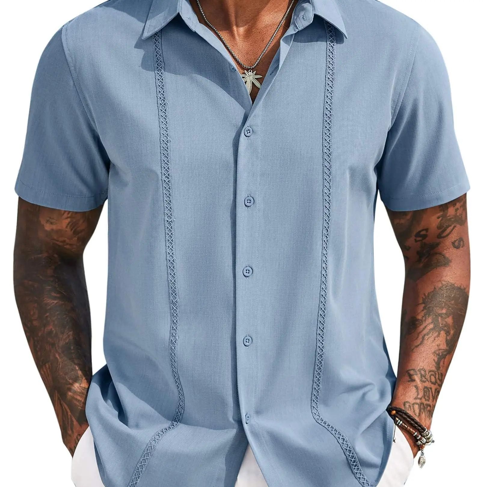 Mens Cuban Guayabera Short Sleeve Shirt Casual Summer Beach Tops Button Down Untucked Shirts