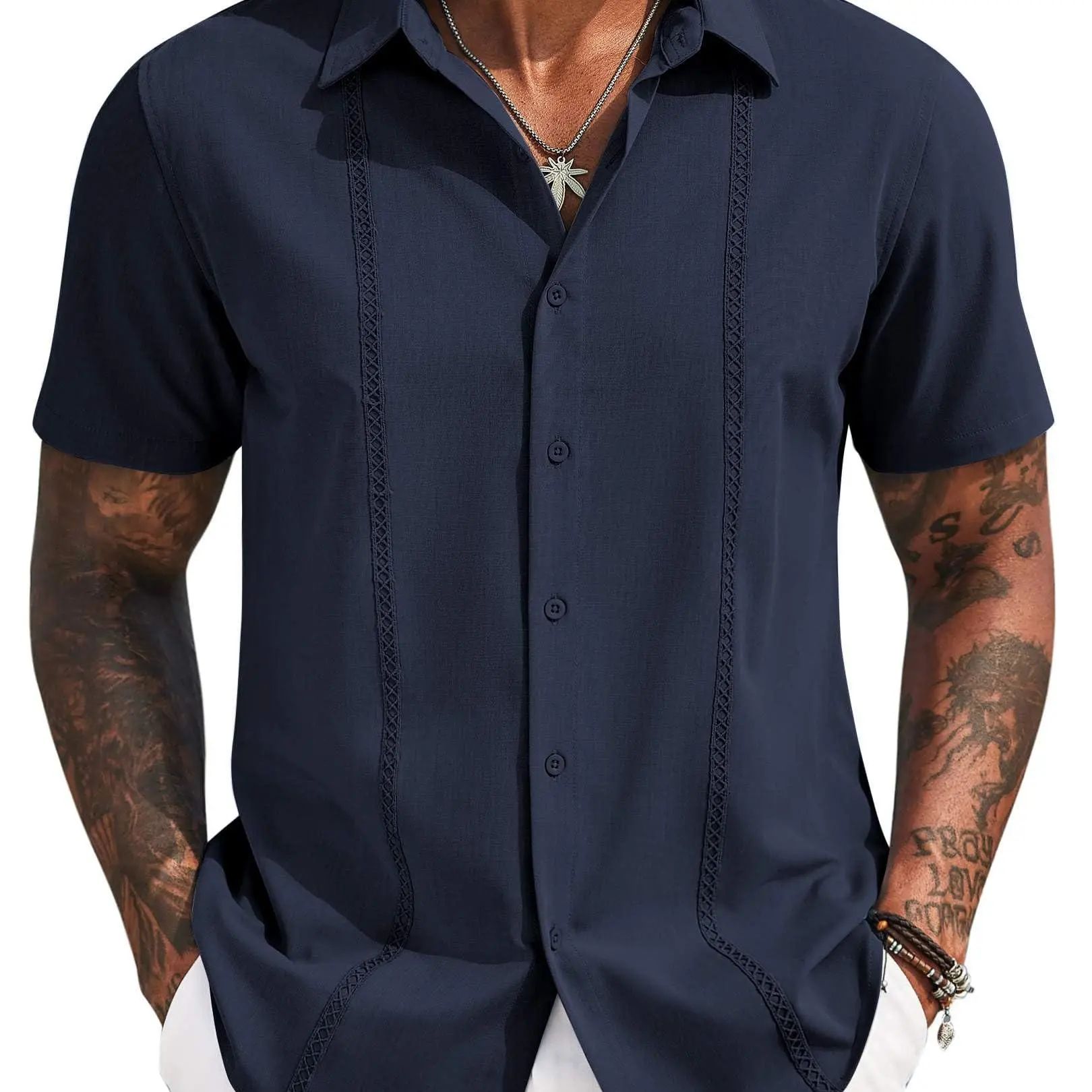 Mens Cuban Guayabera Short Sleeve Shirt Casual Summer Beach Tops Button Down Untucked Shirts