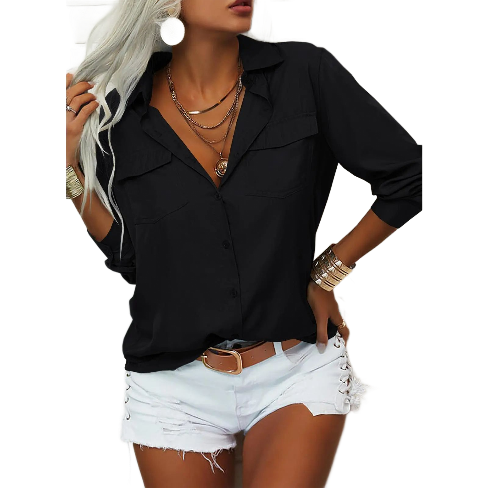 Women‘s Solid Lapel Long Sleeves Button Down Shirt Top Casual Basic Office Blouse