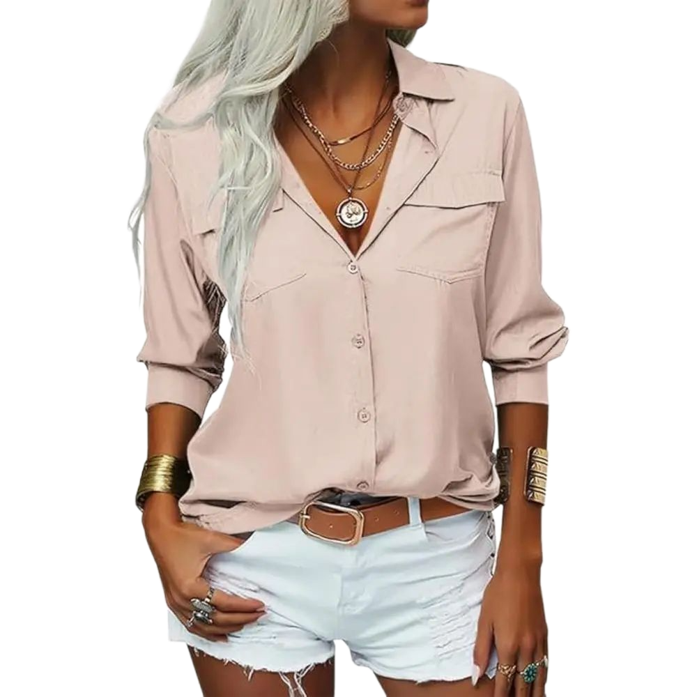Women‘s Solid Lapel Long Sleeves Button Down Shirt Top Casual Basic Office Blouse