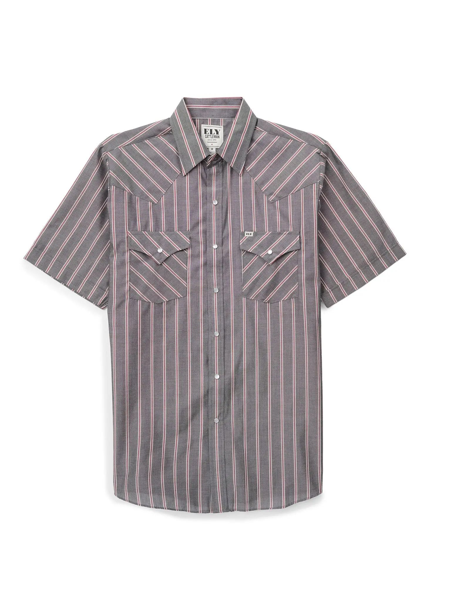 Men's Short-Sleeve Stripe Western Snap Shirt, Menswear Tops with Functional Fabric and Pocket, Shortsleeve, Classic, Polyester, Casual, Male Clothing
