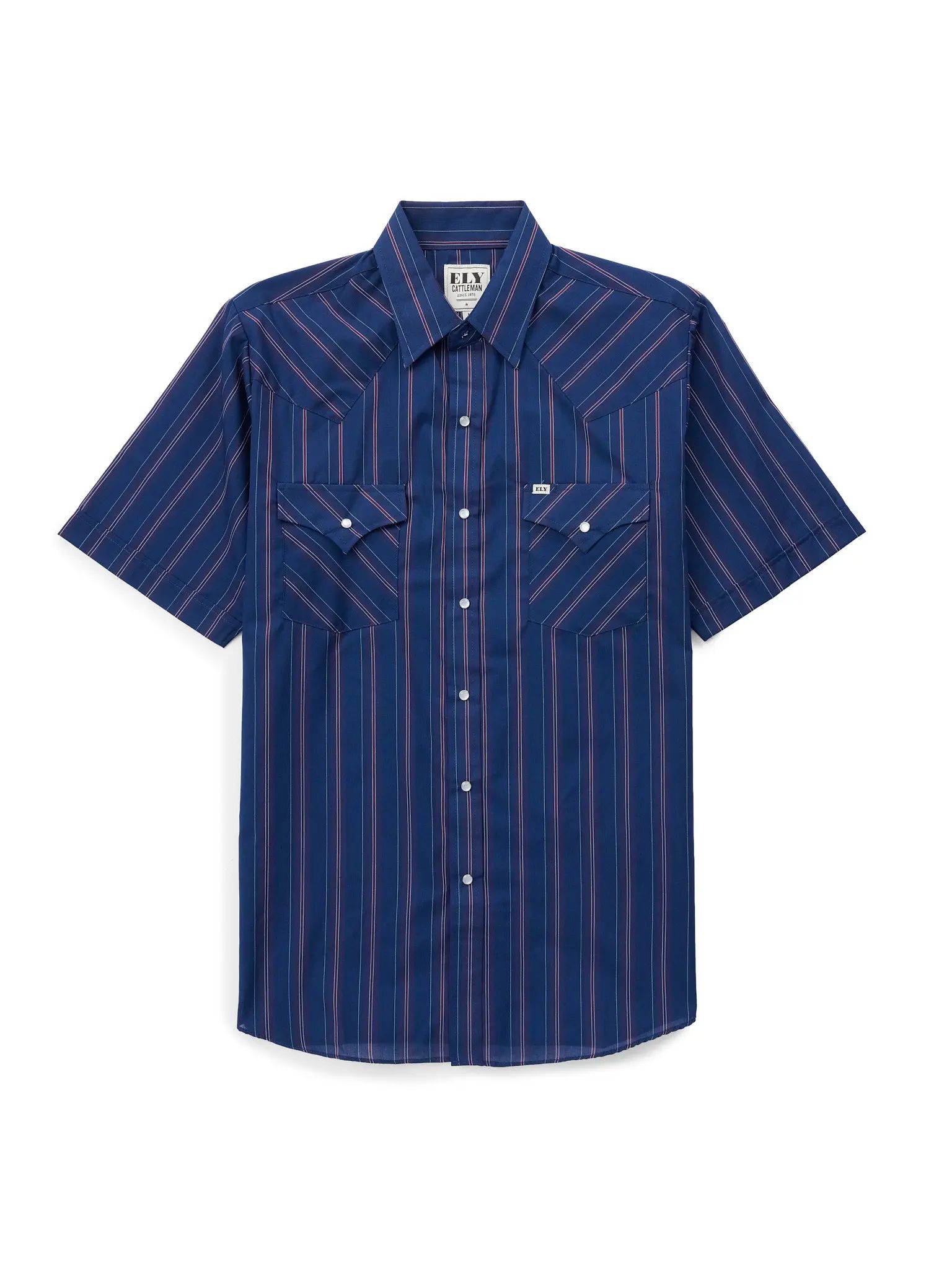 Men's Short-Sleeve Stripe Western Snap Shirt, Menswear Tops with Functional Fabric and Pocket, Shortsleeve, Classic, Polyester, Casual, Male Clothing