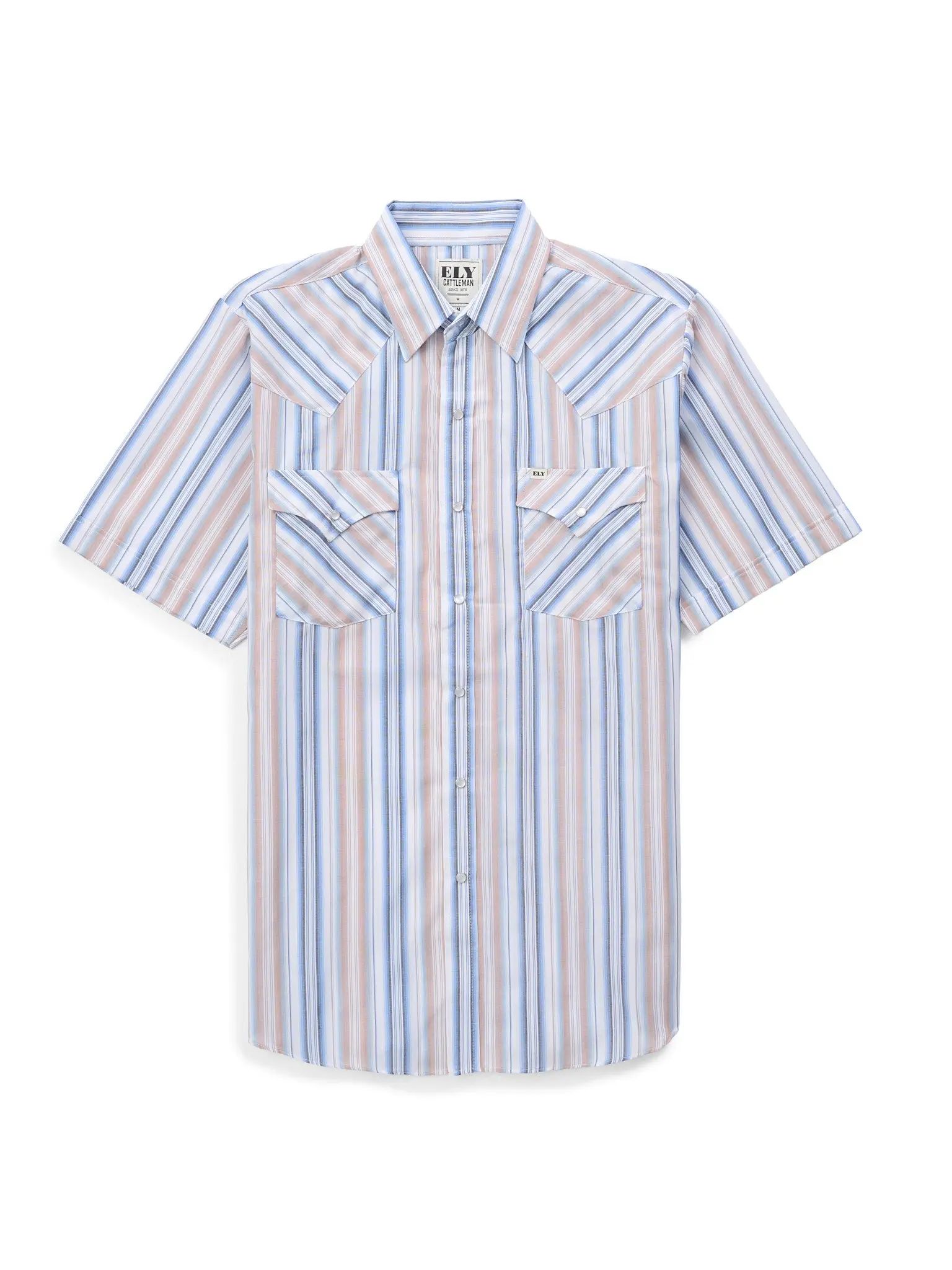 Men's Short-Sleeve Stripe Western Snap Shirt, Menswear Tops with Functional Fabric and Pocket, Shortsleeve, Classic, Polyester, Casual, Male Clothing