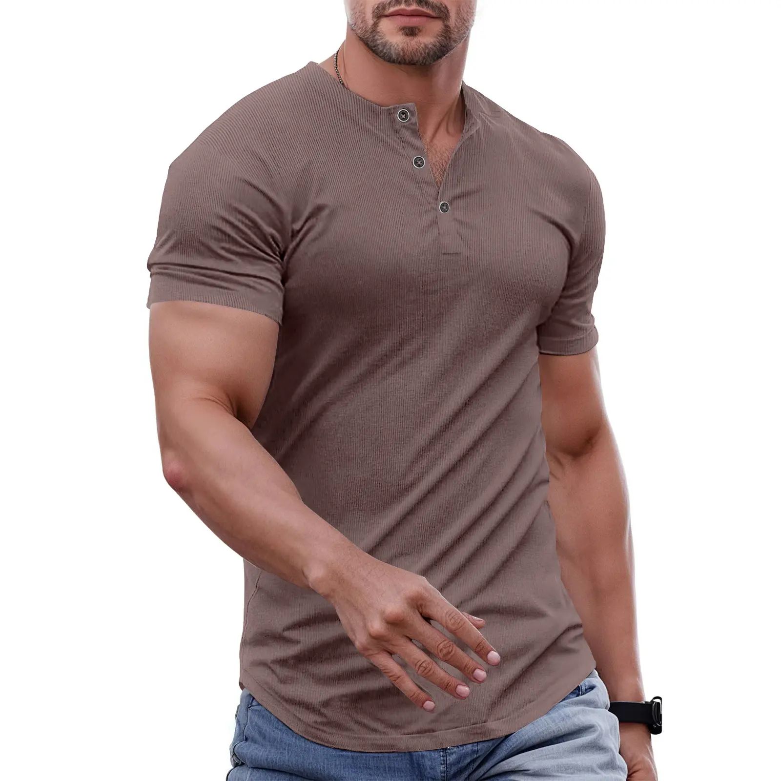 Men's Plain Muscle Slim Fitted Henley Shirts Crewneck Longline T-Shirt Gym Workout Athletic Shirt Tees with Button Menswear Casual Tops