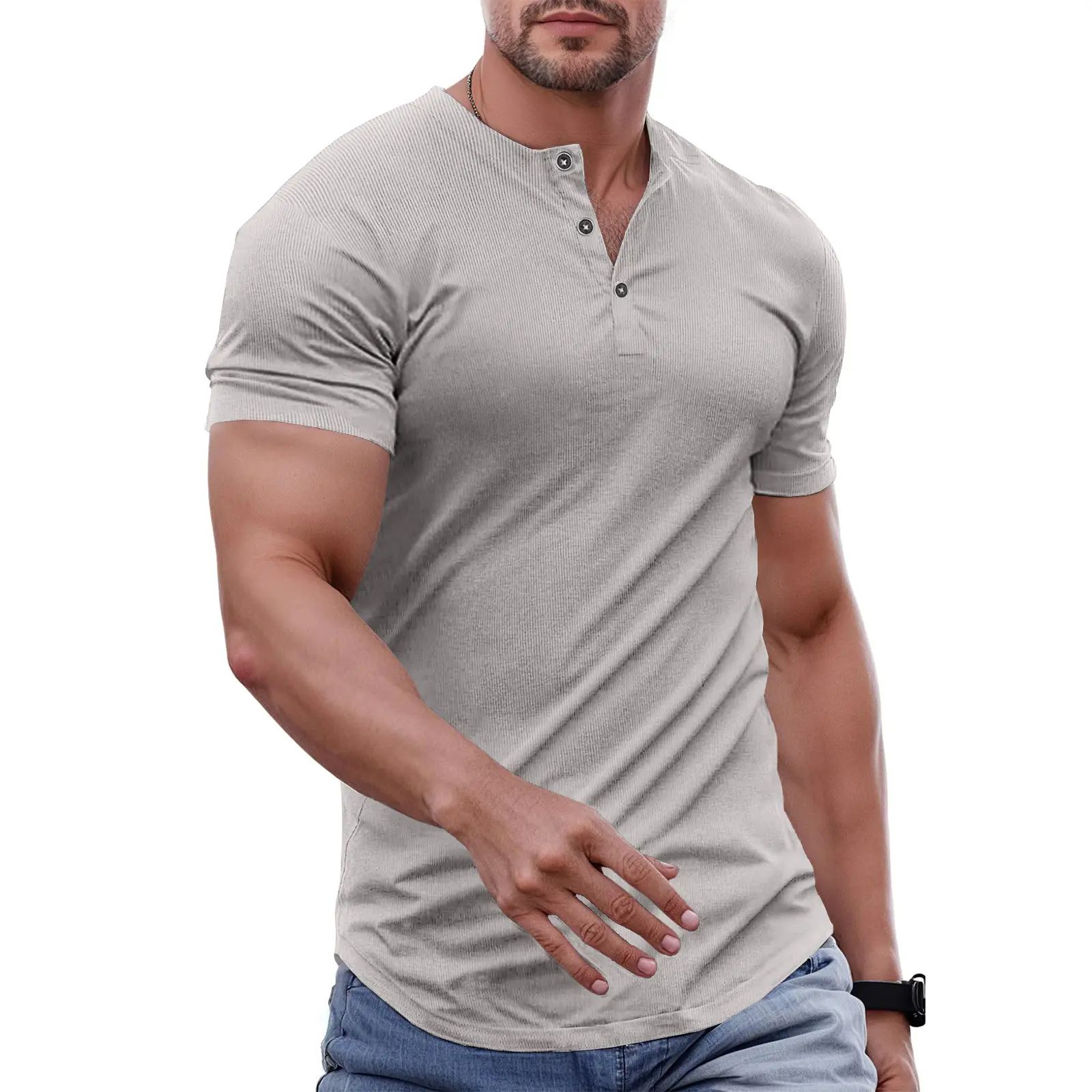 Men's Plain Muscle Slim Fitted Henley Shirts Crewneck Longline T-Shirt Gym Workout Athletic Shirt Tees with Button Menswear Casual Tops