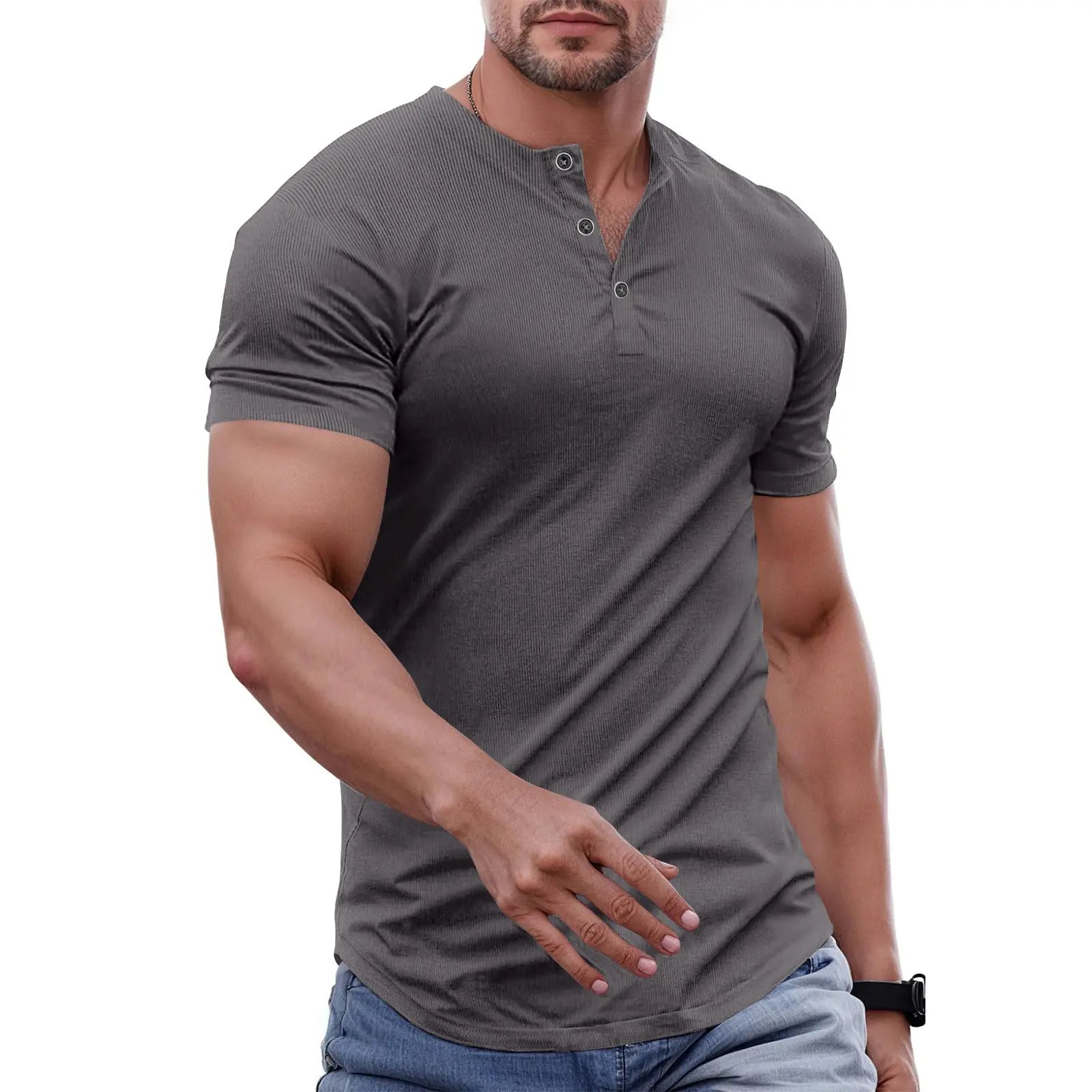 Men's Plain Muscle Slim Fitted Henley Shirts Crewneck Longline T-Shirt Gym Workout Athletic Shirt Tees with Button Menswear Casual Tops