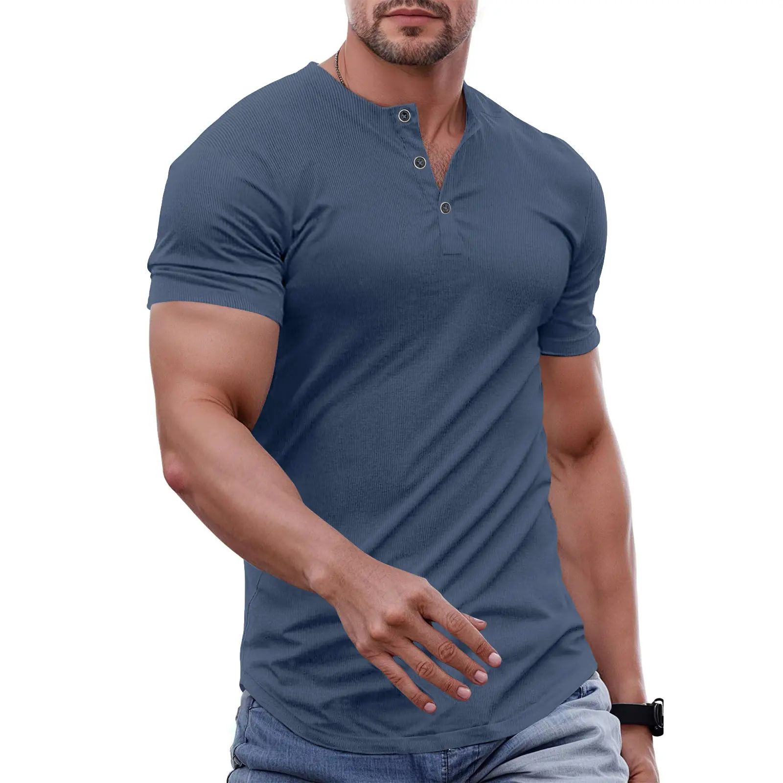 Men's Plain Muscle Slim Fitted Henley Shirts Crewneck Longline T-Shirt Gym Workout Athletic Shirt Tees with Button Menswear Casual Tops
