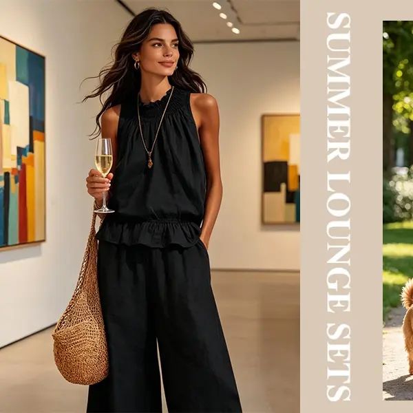 Women's Linen 2 Piece Outfits Sleeveless Ruffle Top Wide Leg Pants Summer Loungewear Beach Travel Sets Clothes Womenswear