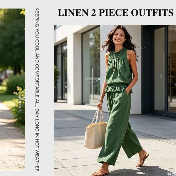 Women's Linen 2 Piece Outfits Sleeveless Ruffle Top Wide Leg Pants Summer Loungewear Beach Travel Sets Clothes Womenswear