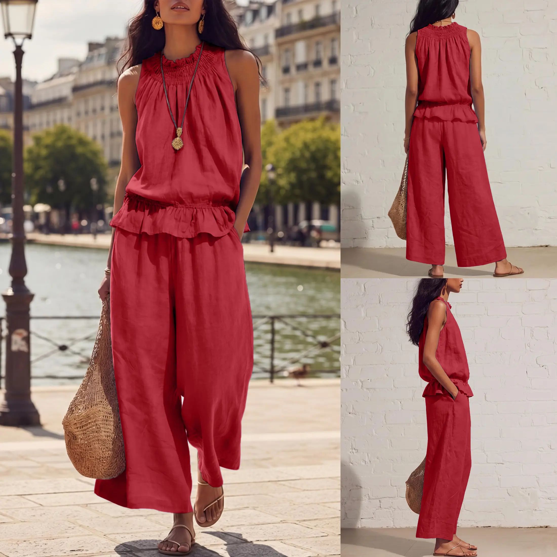 Women's Linen 2 Piece Outfits Sleeveless Ruffle Top Wide Leg Pants Summer Loungewear Beach Travel Sets Clothes Womenswear