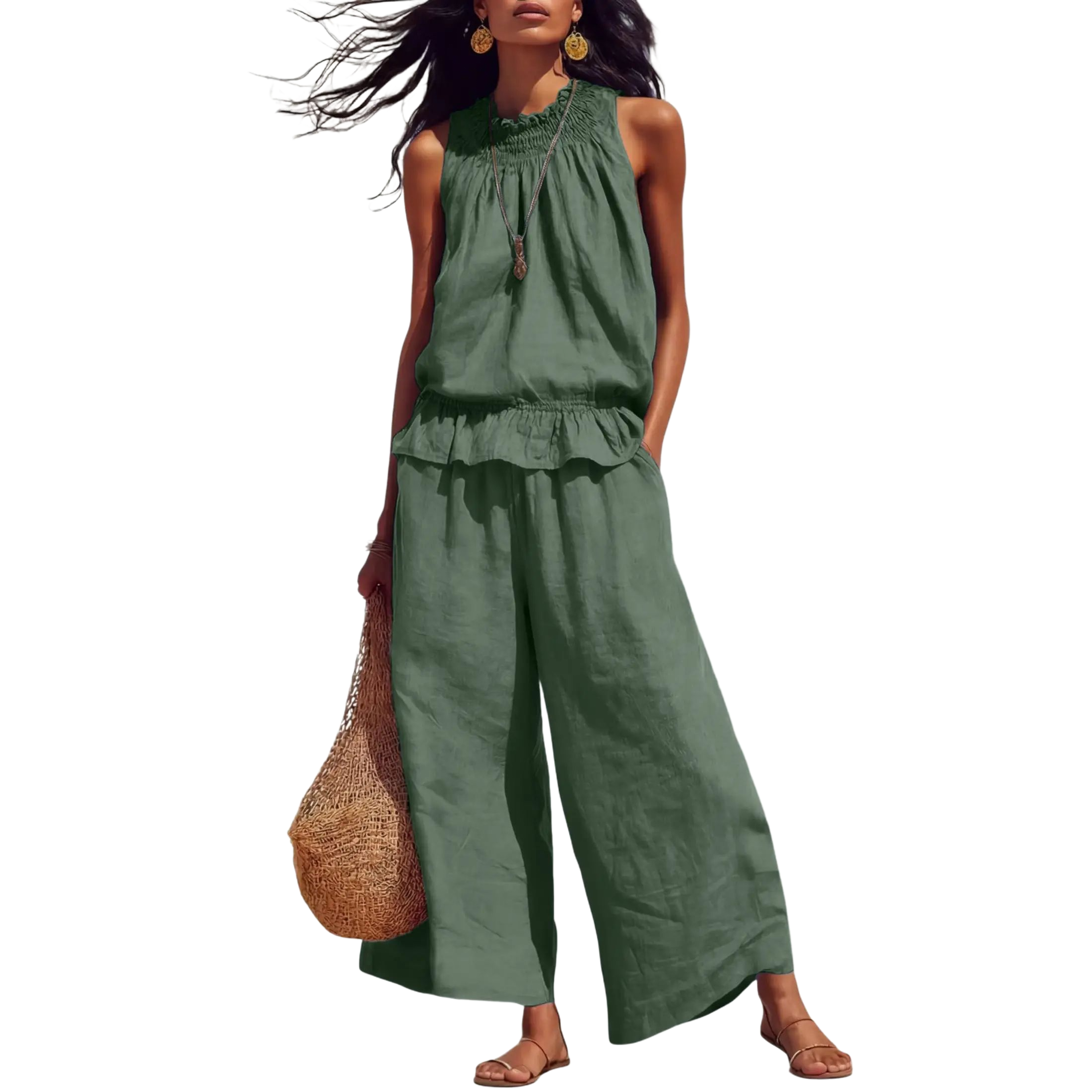 Women's Linen 2 Piece Outfits Sleeveless Ruffle Top Wide Leg Pants Summer Loungewear Beach Travel Sets Clothes Womenswear