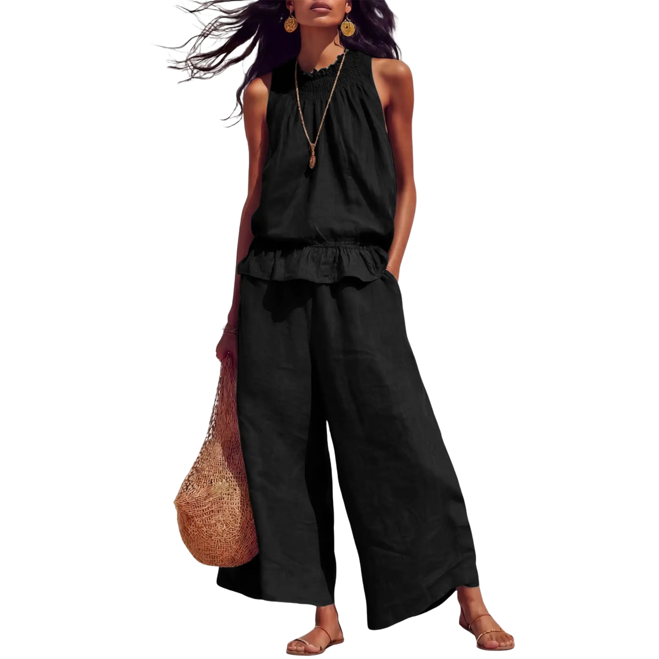 Women's Linen 2 Piece Outfits Sleeveless Ruffle Top Wide Leg Pants Summer Loungewear Beach Travel Sets Clothes Womenswear