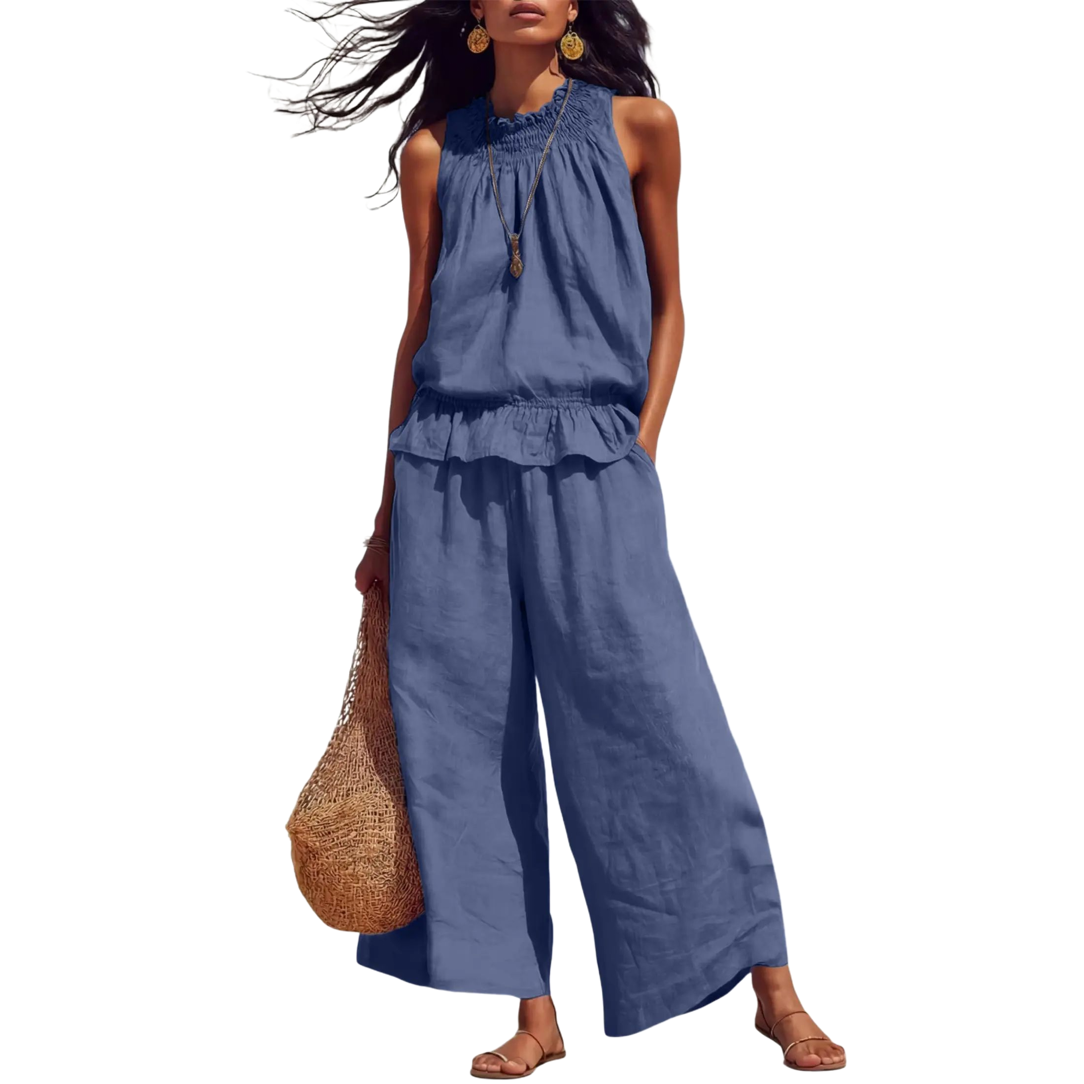 Women's Linen 2 Piece Outfits Sleeveless Ruffle Top Wide Leg Pants Summer Loungewear Beach Travel Sets Clothes Womenswear