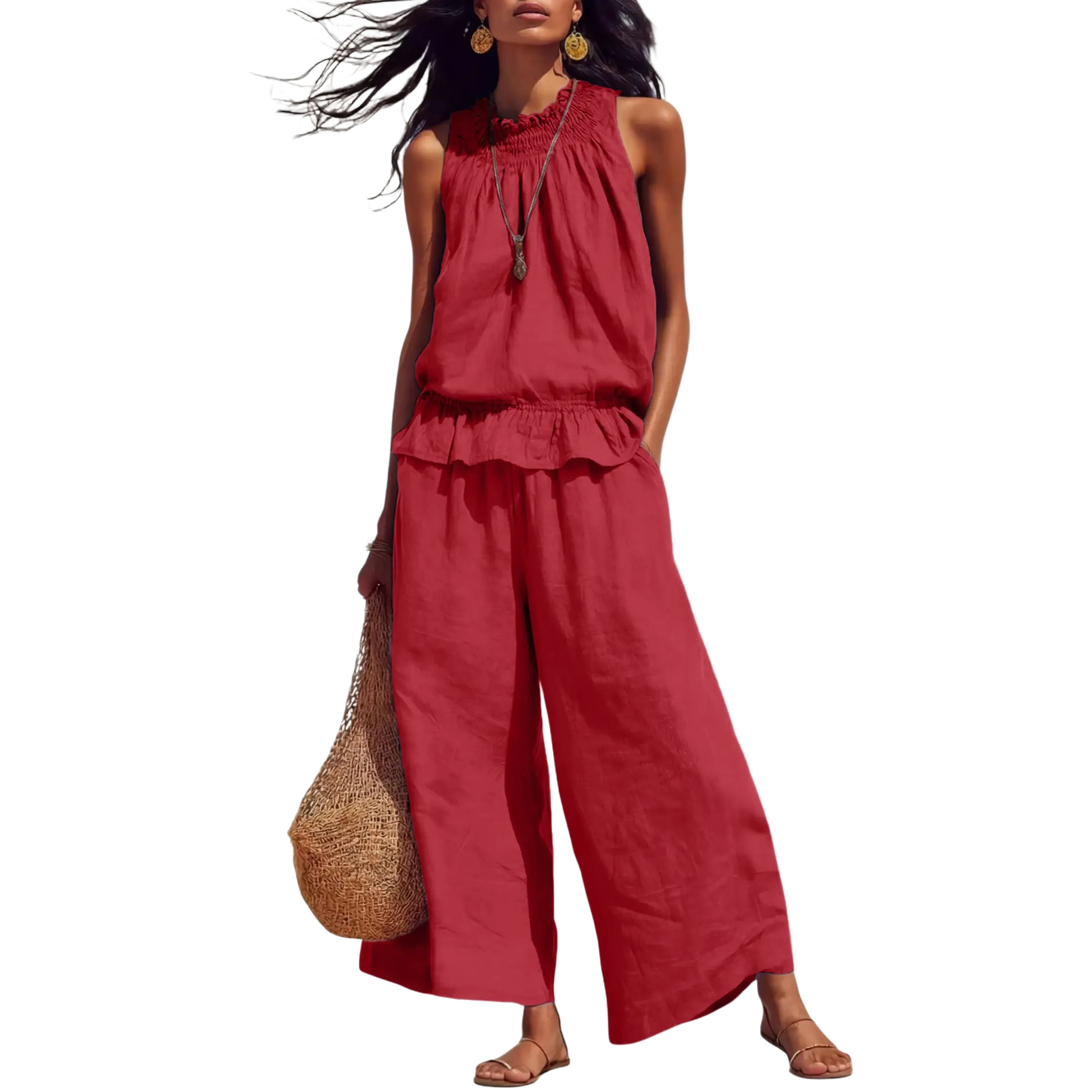 Women's Linen 2 Piece Outfits Sleeveless Ruffle Top Wide Leg Pants Summer Loungewear Beach Travel Sets Clothes Womenswear